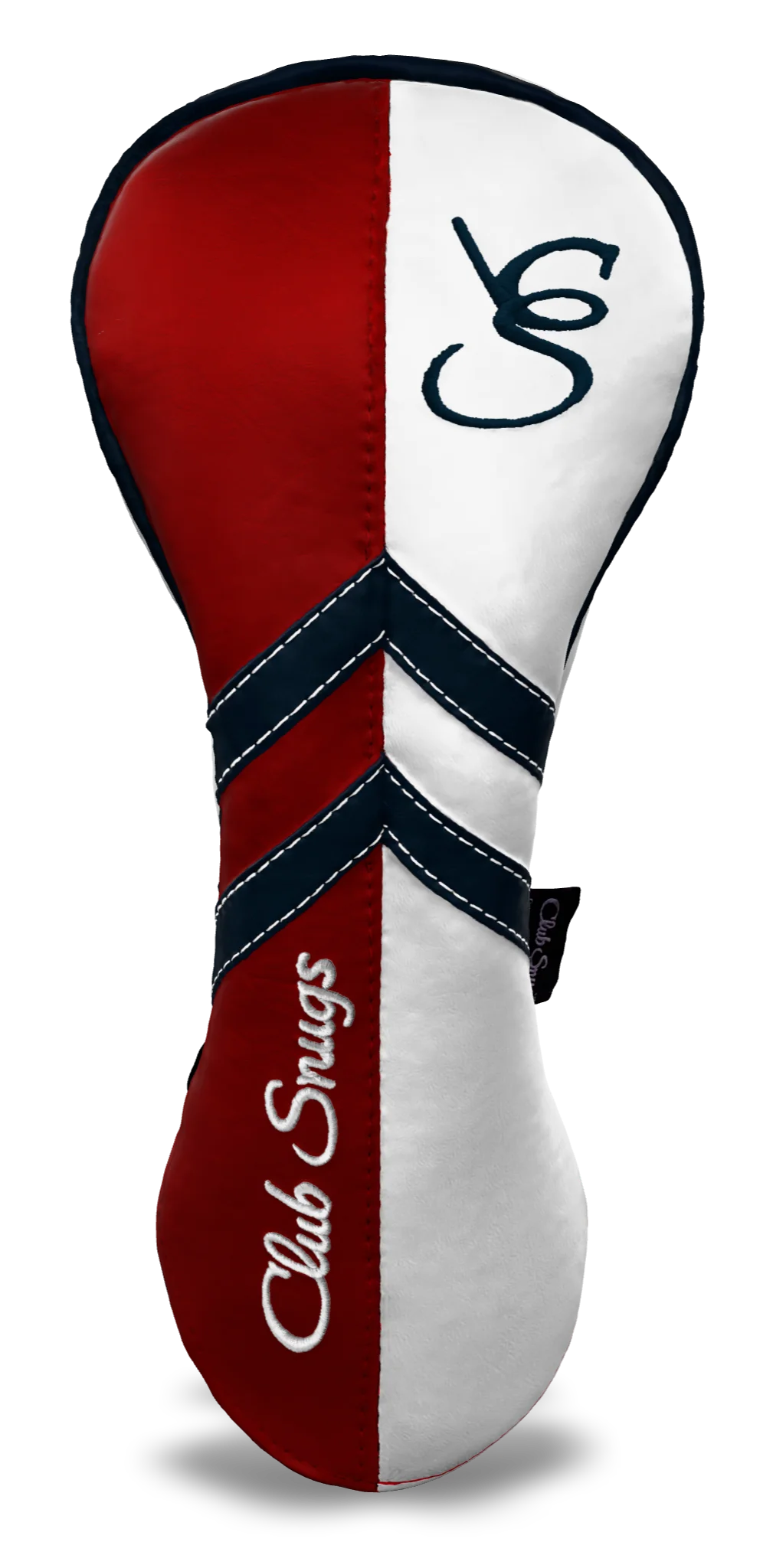 Front view of a Red, White, Navy, and Navy Retro-T Driver Headcover with Dual-V stripe and split seam