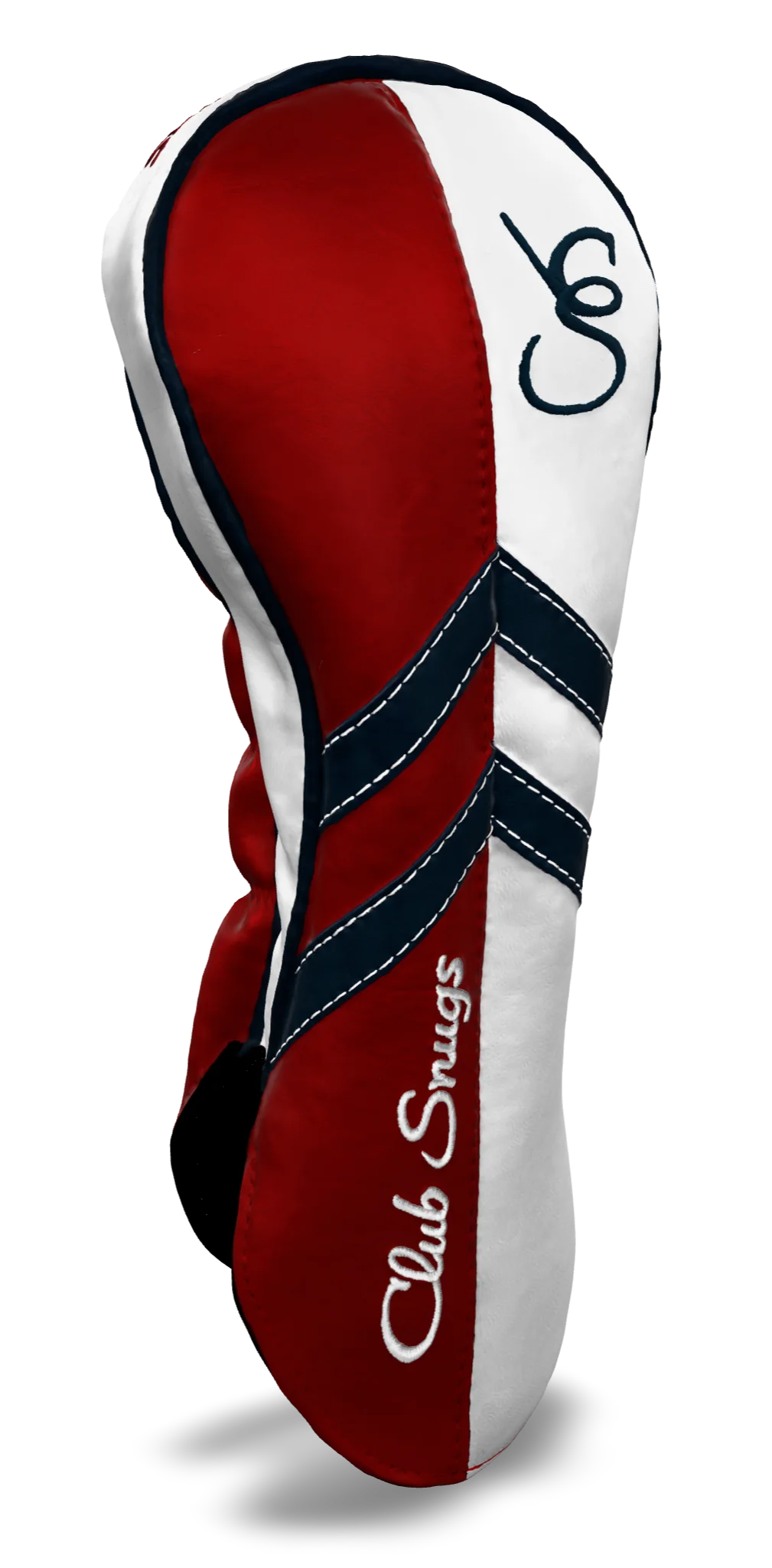Left-Side view of a Red, White, Navy, and Navy Retro-T Driver Headcover with Dual-V stripe and split seam