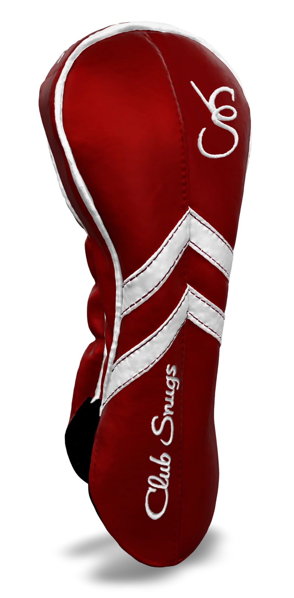 Left-Side view of a Red, Red, White, and White Retro-T Driver Headcover with Dual-V stripe and split seam