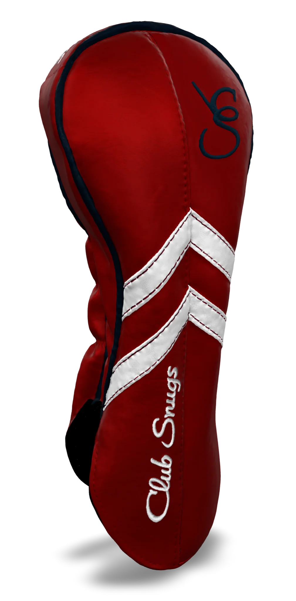 Left-Side view of a Red, Red, White, and Navy Retro-T Driver Headcover with Dual-V stripe and split seam
