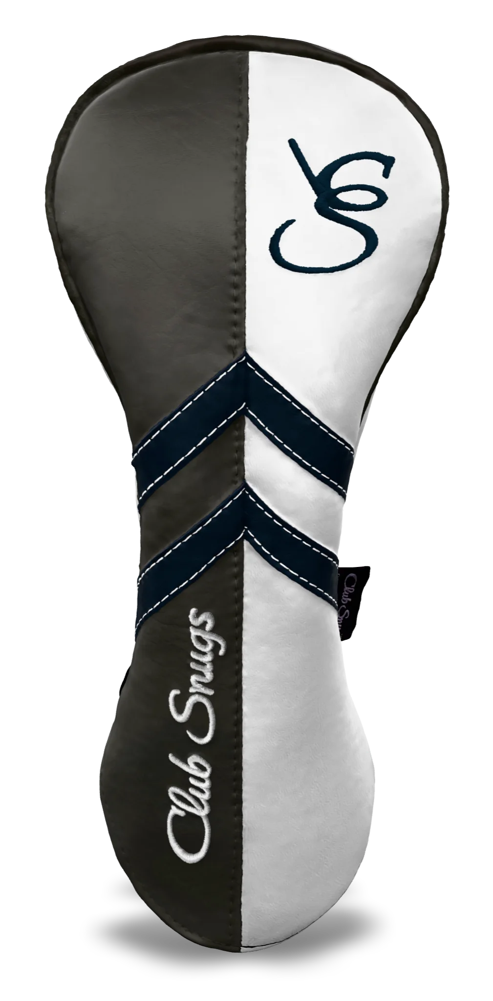 Front view of a Gray, White, Navy, and Gray Retro-T Driver Headcover with Dual-V stripe and split seam