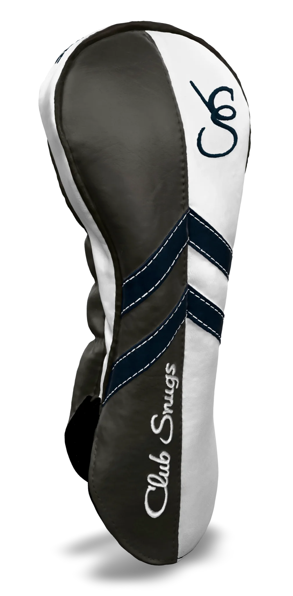 Left-Side view of a Gray, White, Navy, and Gray Retro-T Driver Headcover with Dual-V stripe and split seam