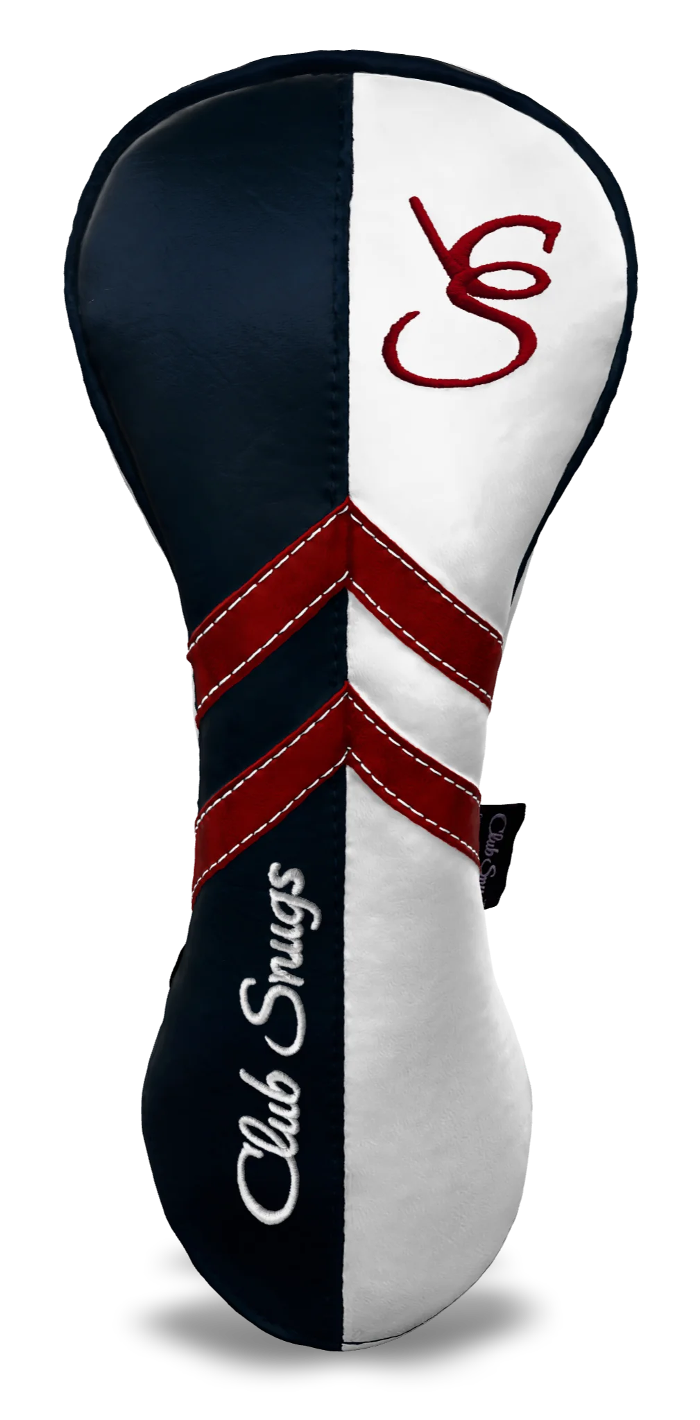 Front view of a Navy, White, Red, and Navy Retro-T Driver Headcover with Dual-V stripe and split seam