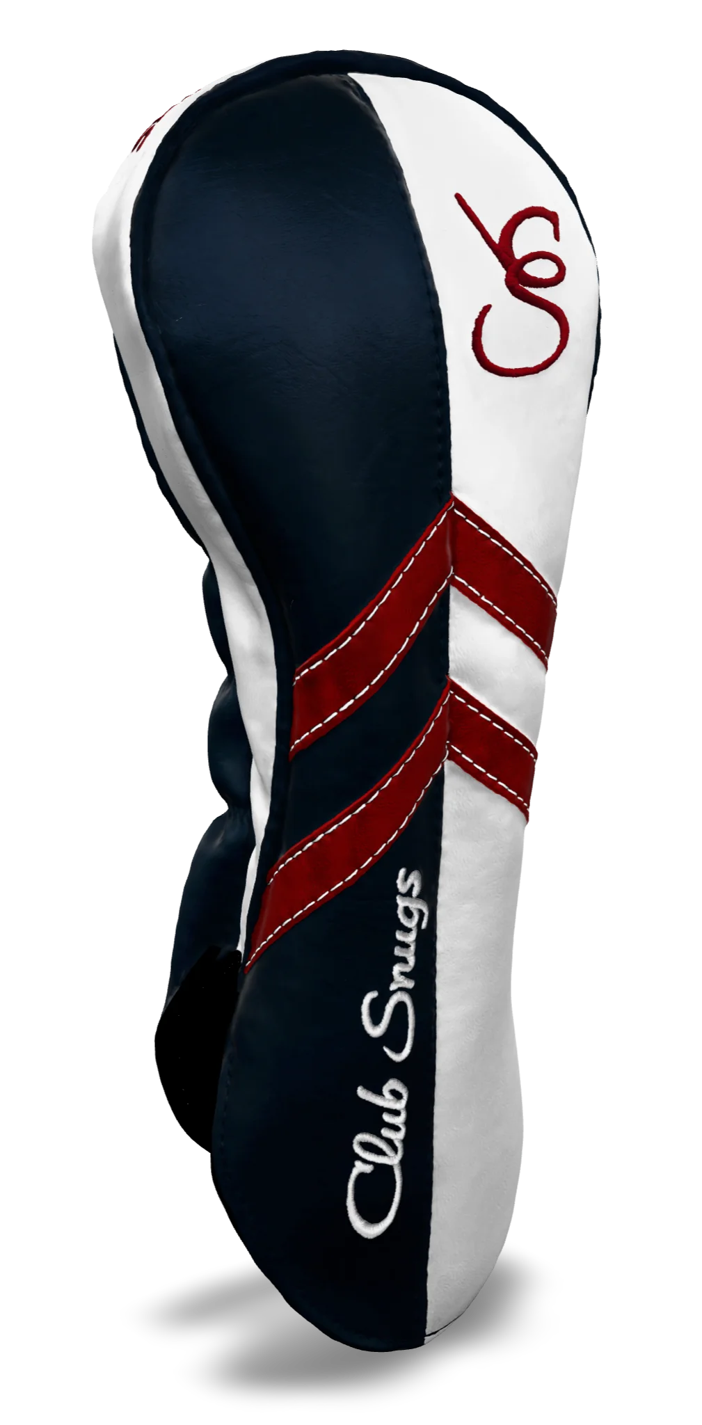 Left-Side view of a Navy, White, Red, and Navy Retro-T Driver Headcover with Dual-V stripe and split seam