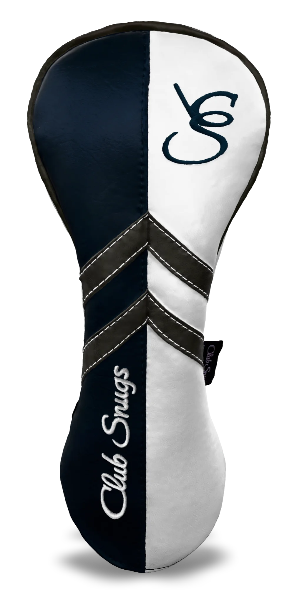 Front view of a Navy, White, Gray, and Gray Retro-T Driver Headcover with Dual-V stripe and split seam