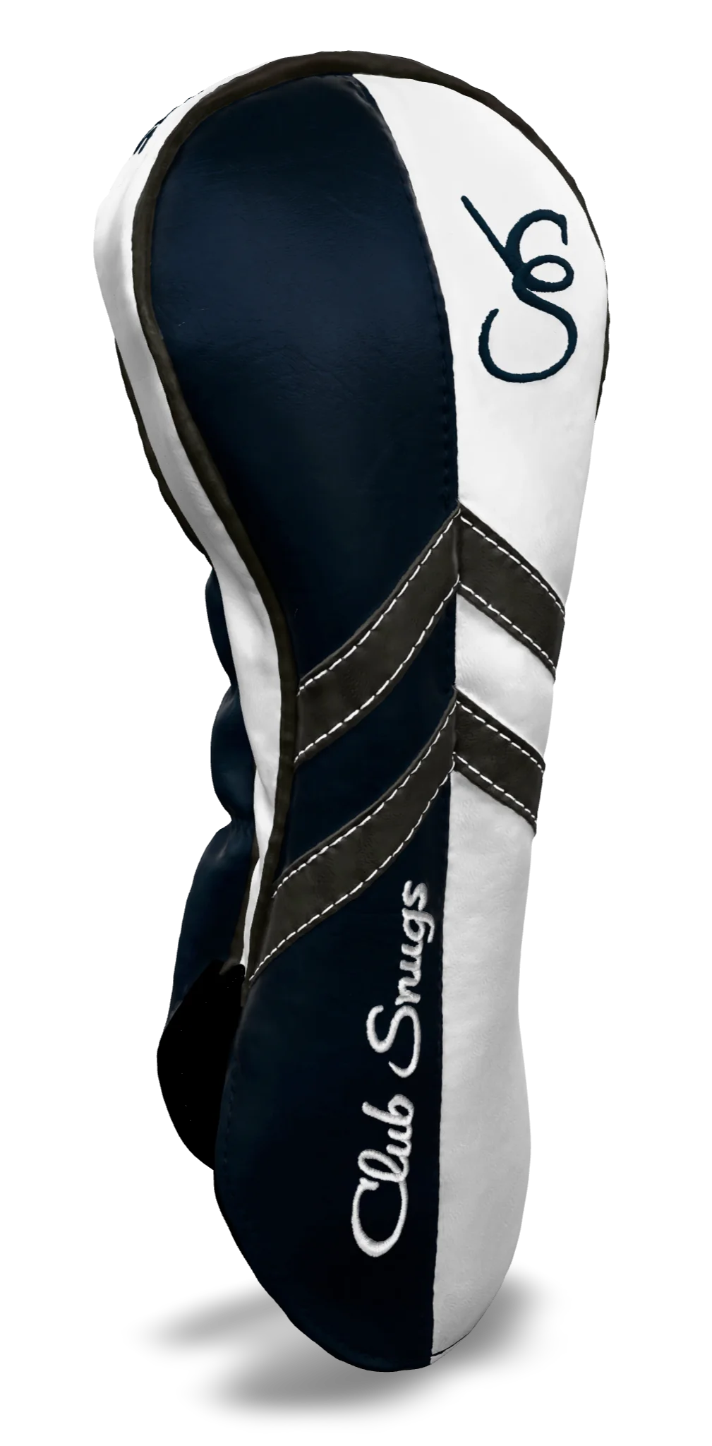 Left-Side view of a Navy, White, Gray, and Gray Retro-T Driver Headcover with Dual-V stripe and split seam