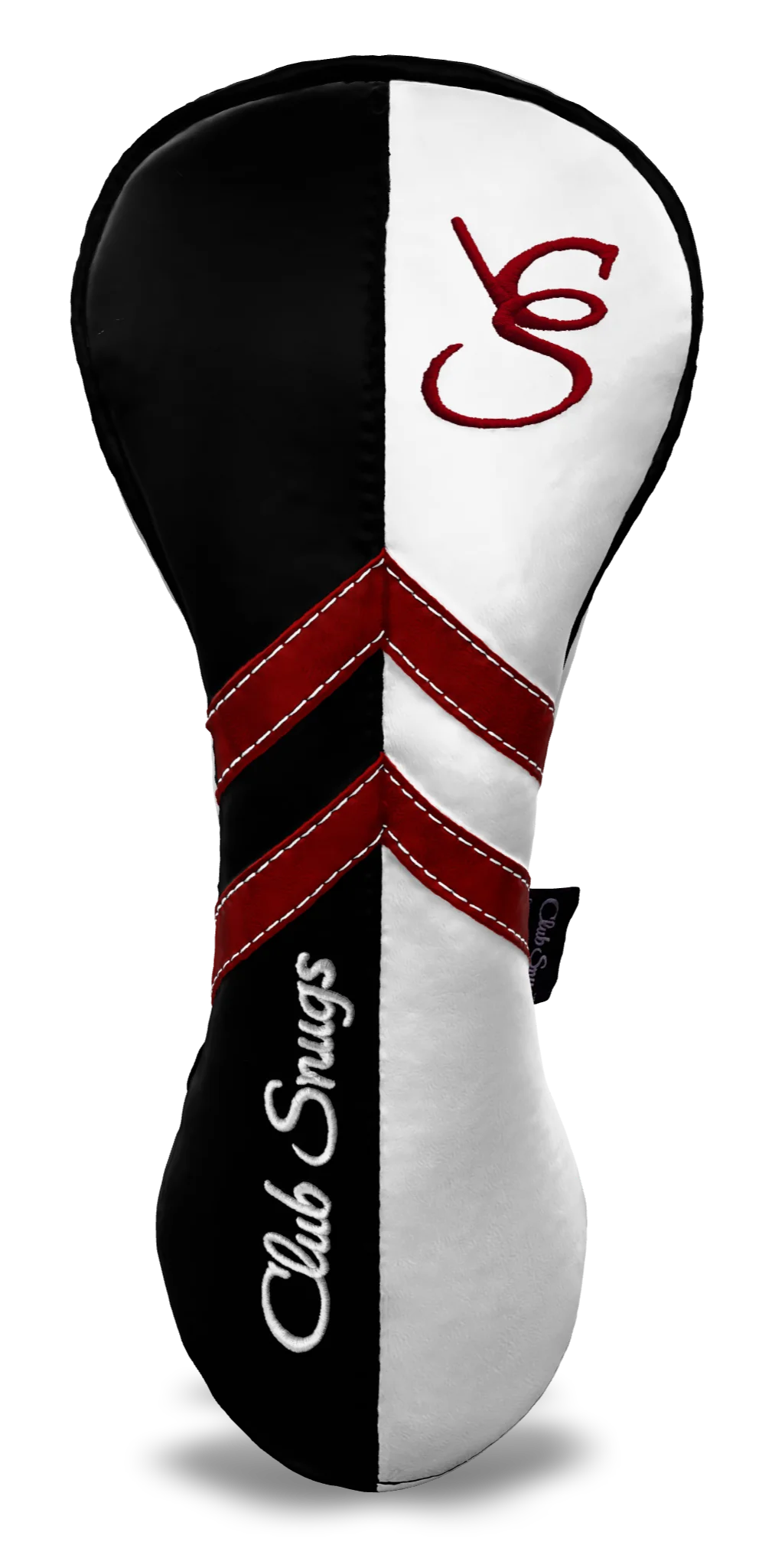Front view of a Black, White, Red, and Black Retro-T Driver Headcover with Dual-V stripe and split seam