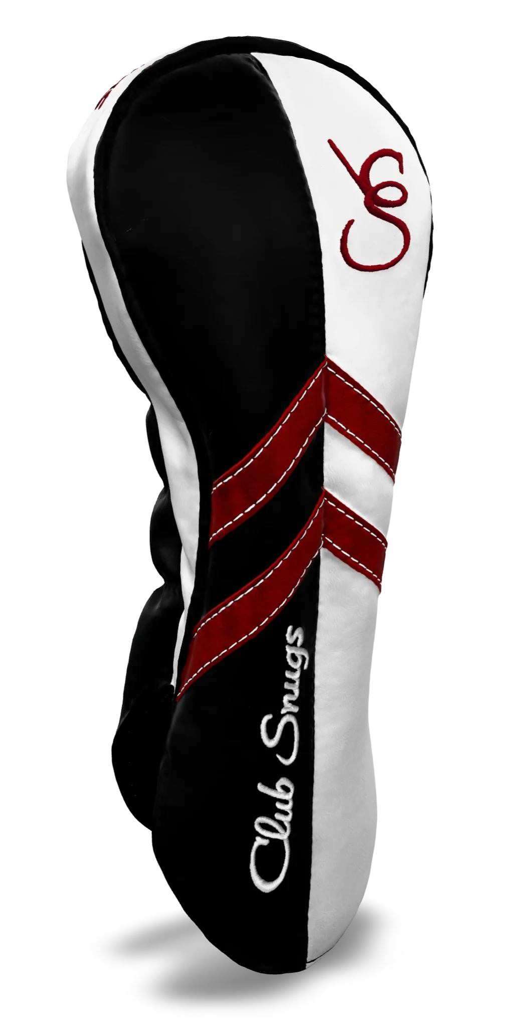 Left-Side view of a Black, White, Red, and Black Retro-T Driver Headcover with Dual-V stripe and split seam