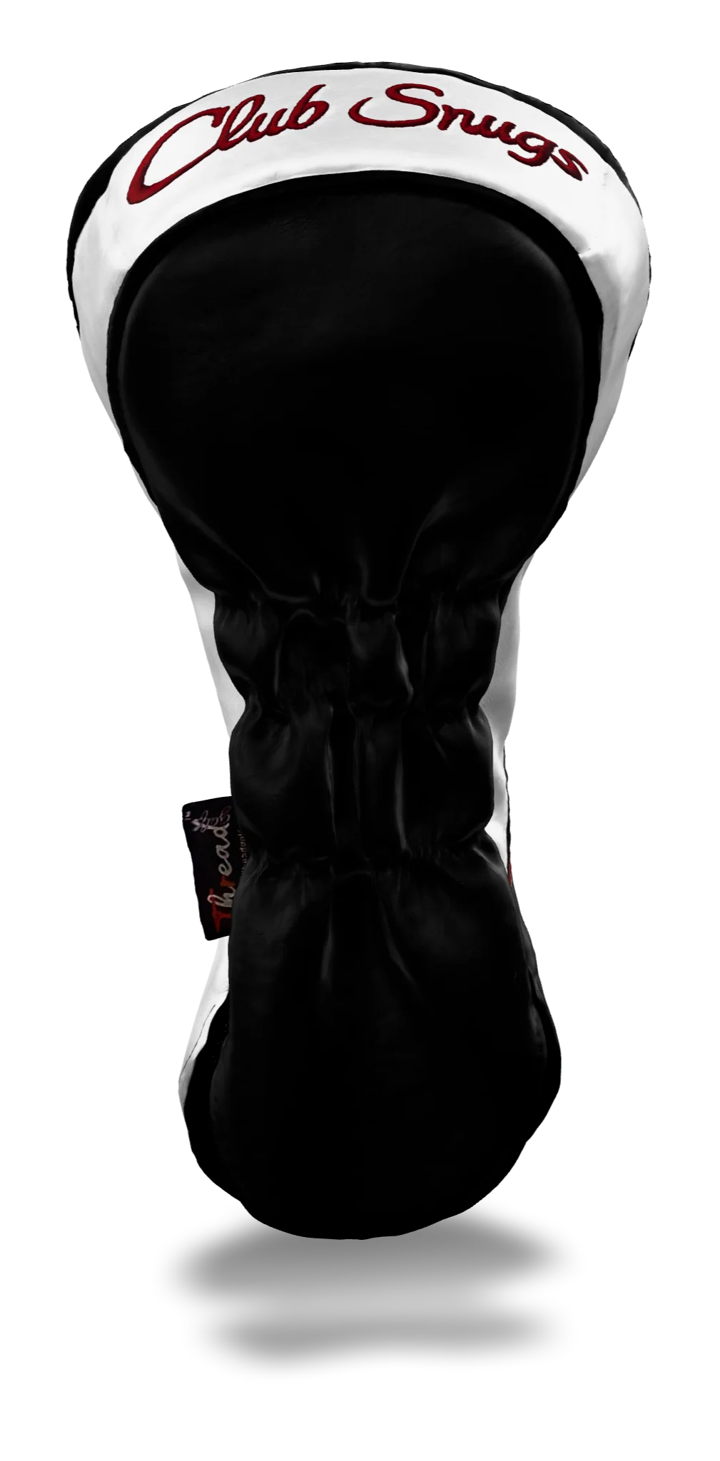 Back view of a Black, White, Red, and Black Retro-T Driver Headcover with Dual-V stripe and split seam