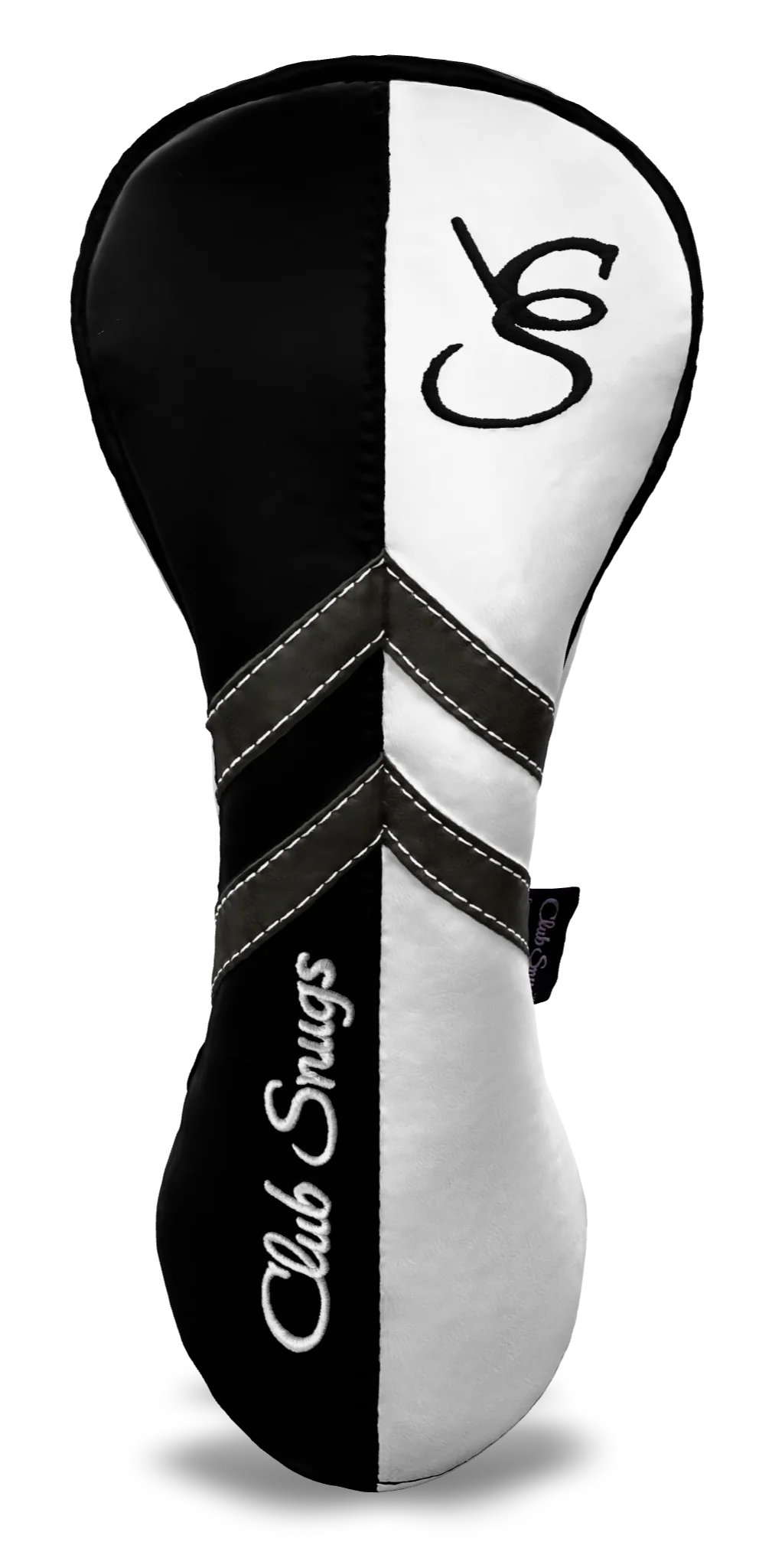 Front view of a Black, White, Gray, and Black Retro-T Driver Headcover with Dual-V stripe and split seam