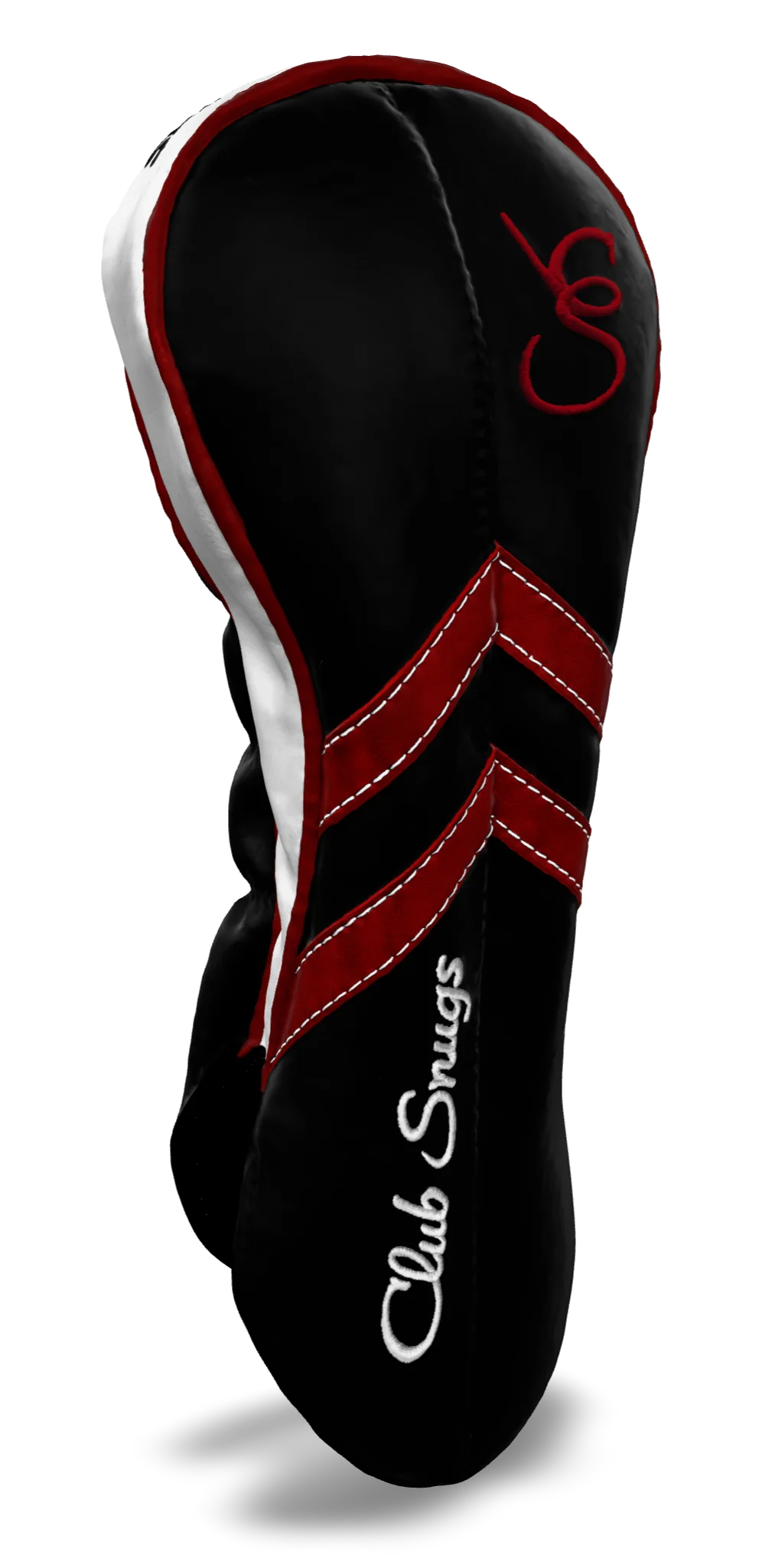 Left-Side view of a Black, Black, Red, and Red Retro-T Driver Headcover with Dual-V stripe and split seam