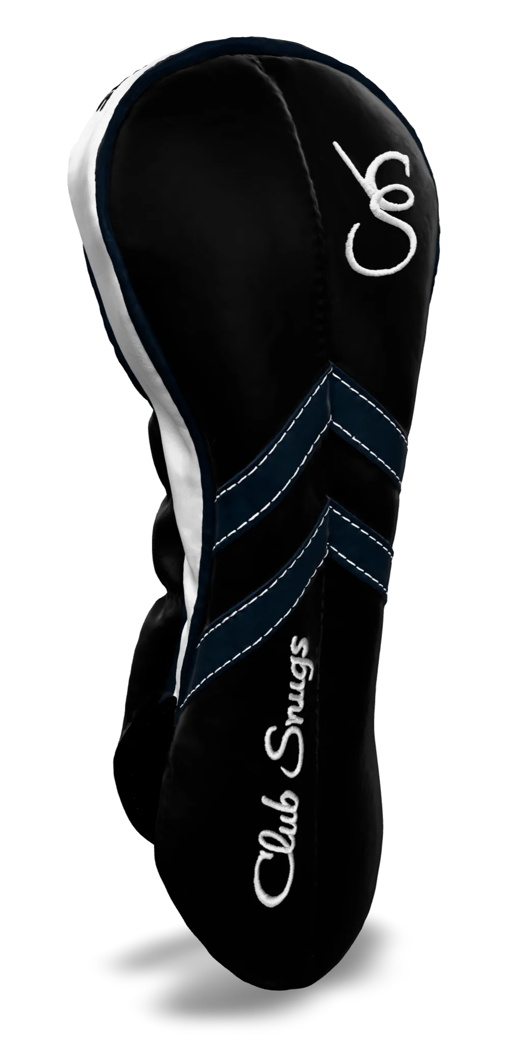 Left-Side view of a Black, Black, Navy, and Navy Retro-T Driver Headcover with Dual-V stripe and split seam