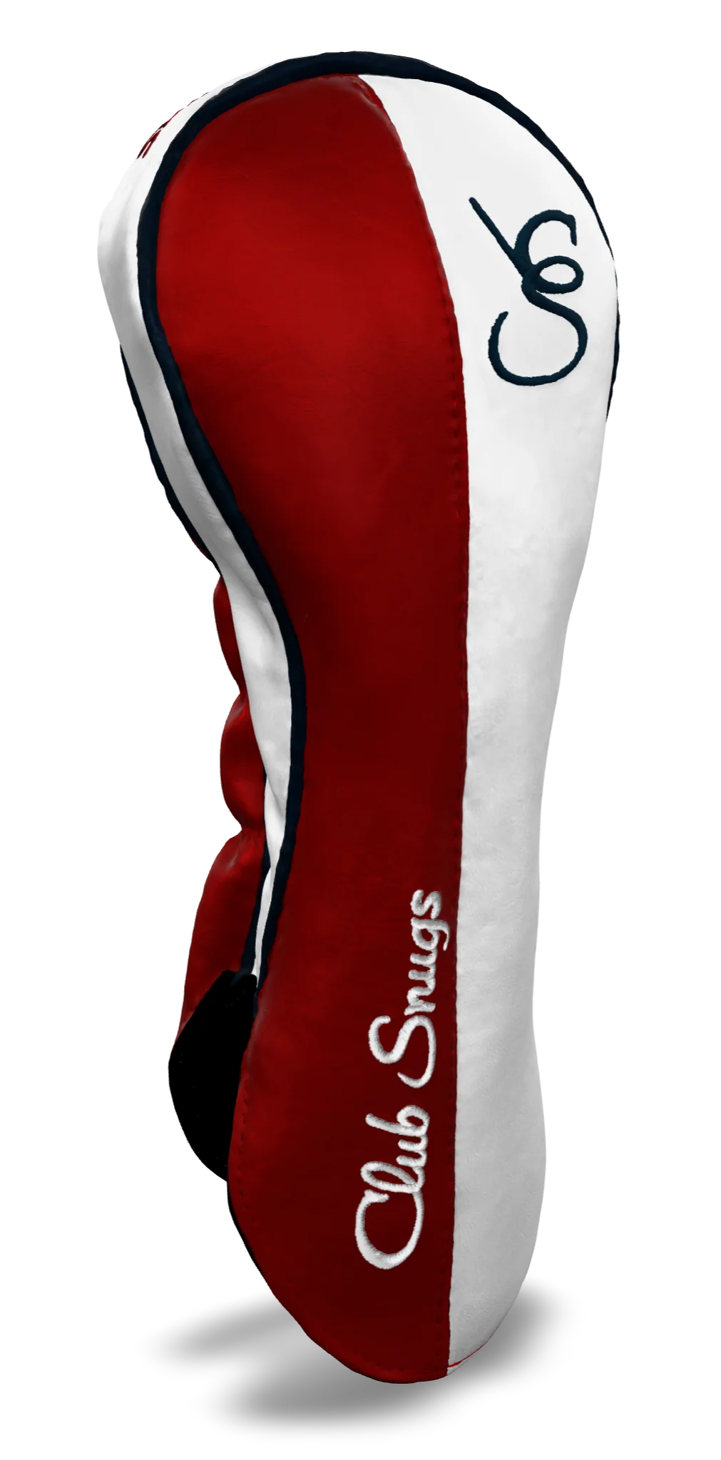 Left-Side view of a Red, White, Navy, and Navy Classic Driver Headcover with split seam
