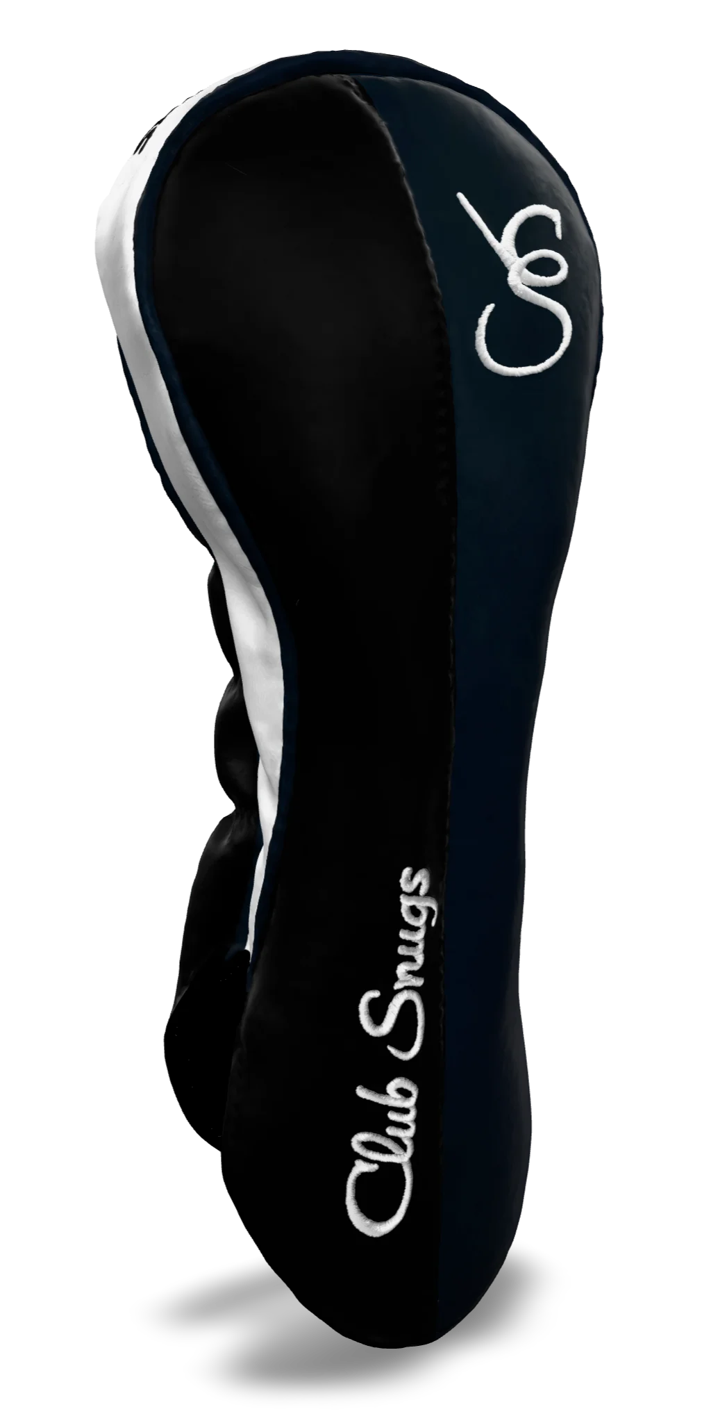 Left-Side view of a Black, Navy, Navy, and White Classic Driver Headcover with split seam
