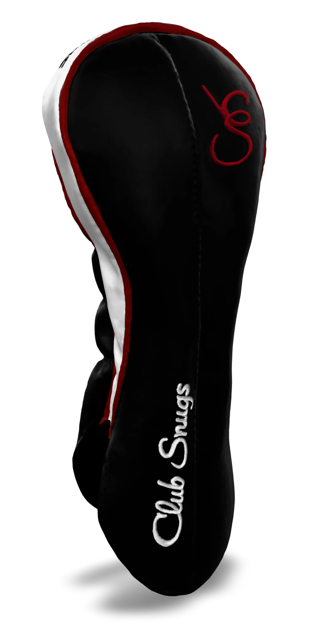 Left-Side view of a Black, Black, Red, and Red Classic Driver Headcover with split seam