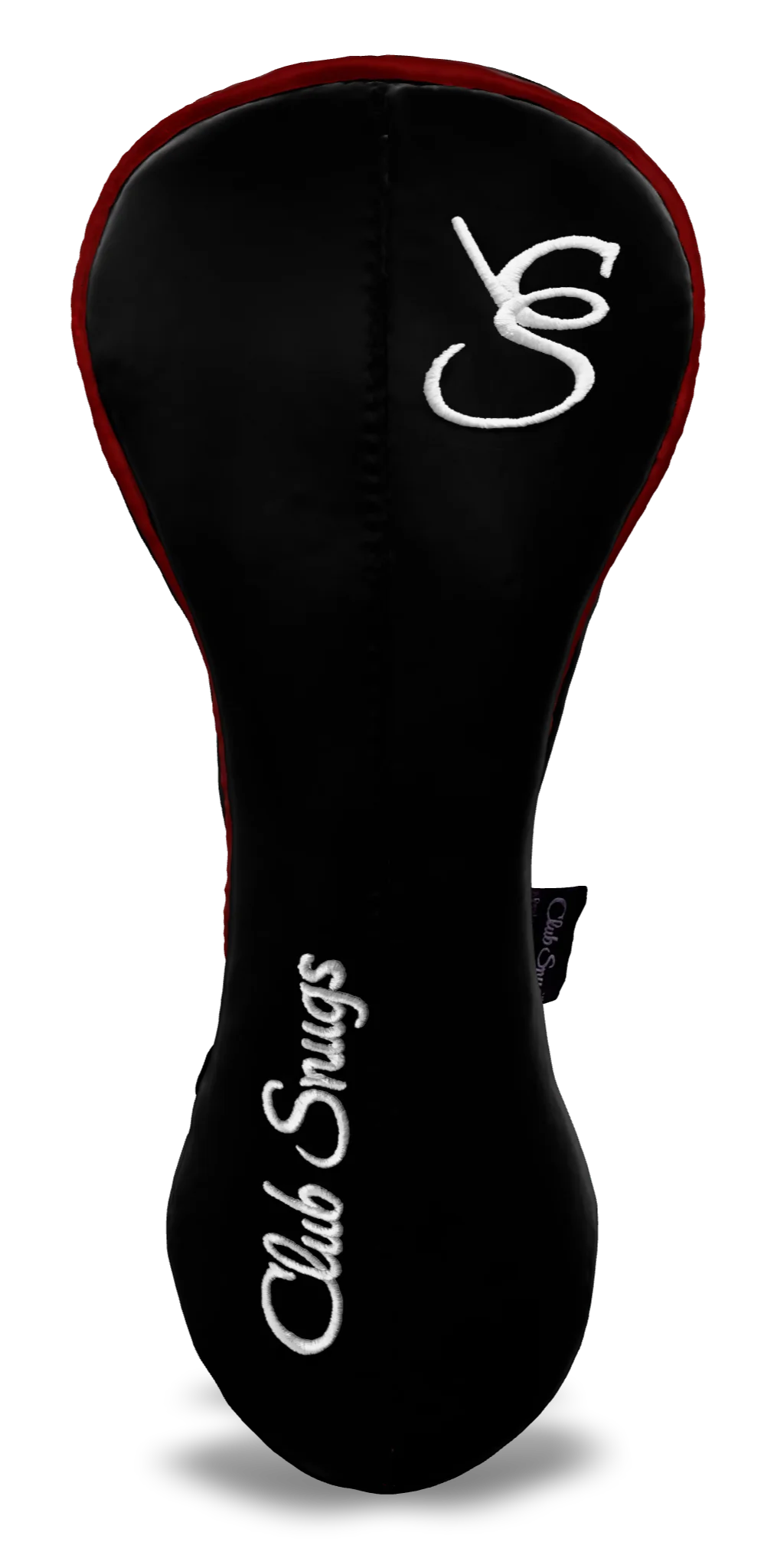 Front view of a Black, Black, Red, and White Classic Driver Headcover with split seam