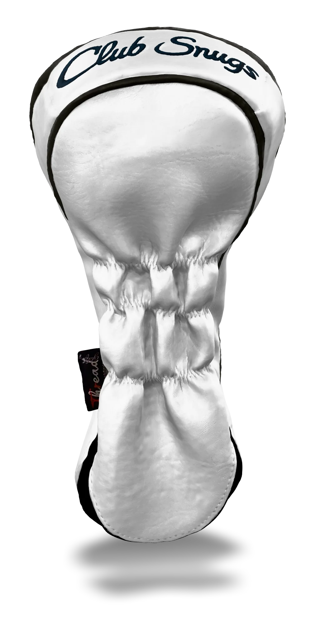 Back view of a Exclusive White, Gray, Navy, and Navy Shield Driver Headcover with prominent branding