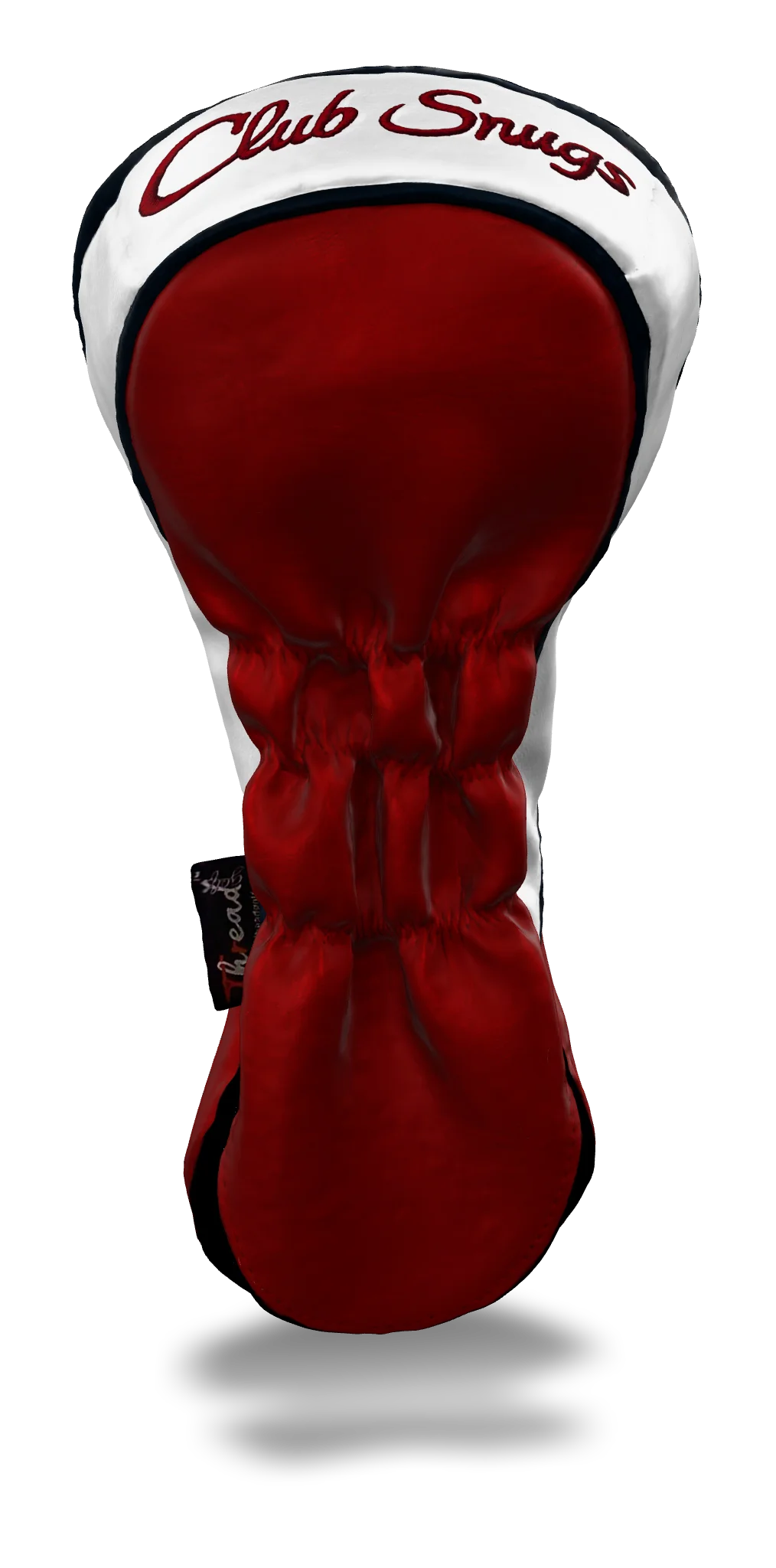 Back view of a Exclusive Red, Navy, White, and Navy Shield Driver Headcover with prominent branding