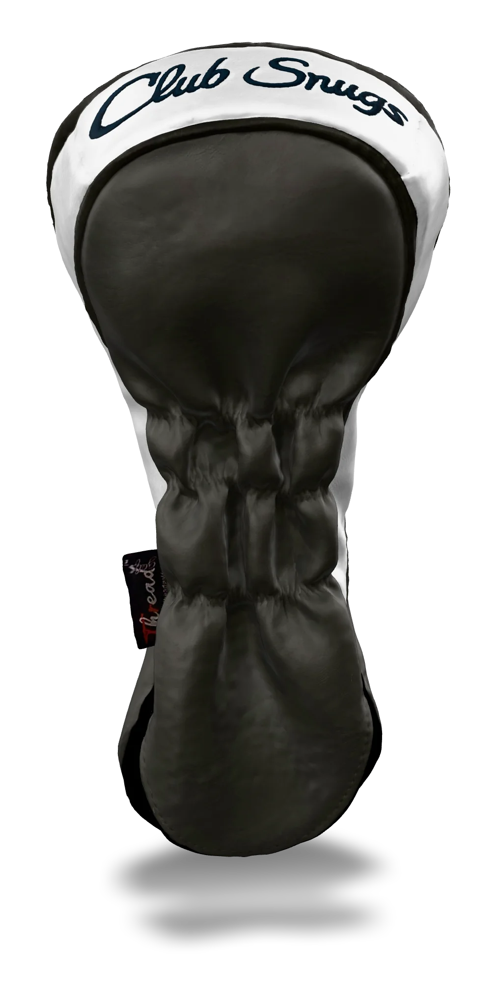 Back view of a Exclusive Gray, Gray, White, and Navy Shield Driver Headcover with prominent branding