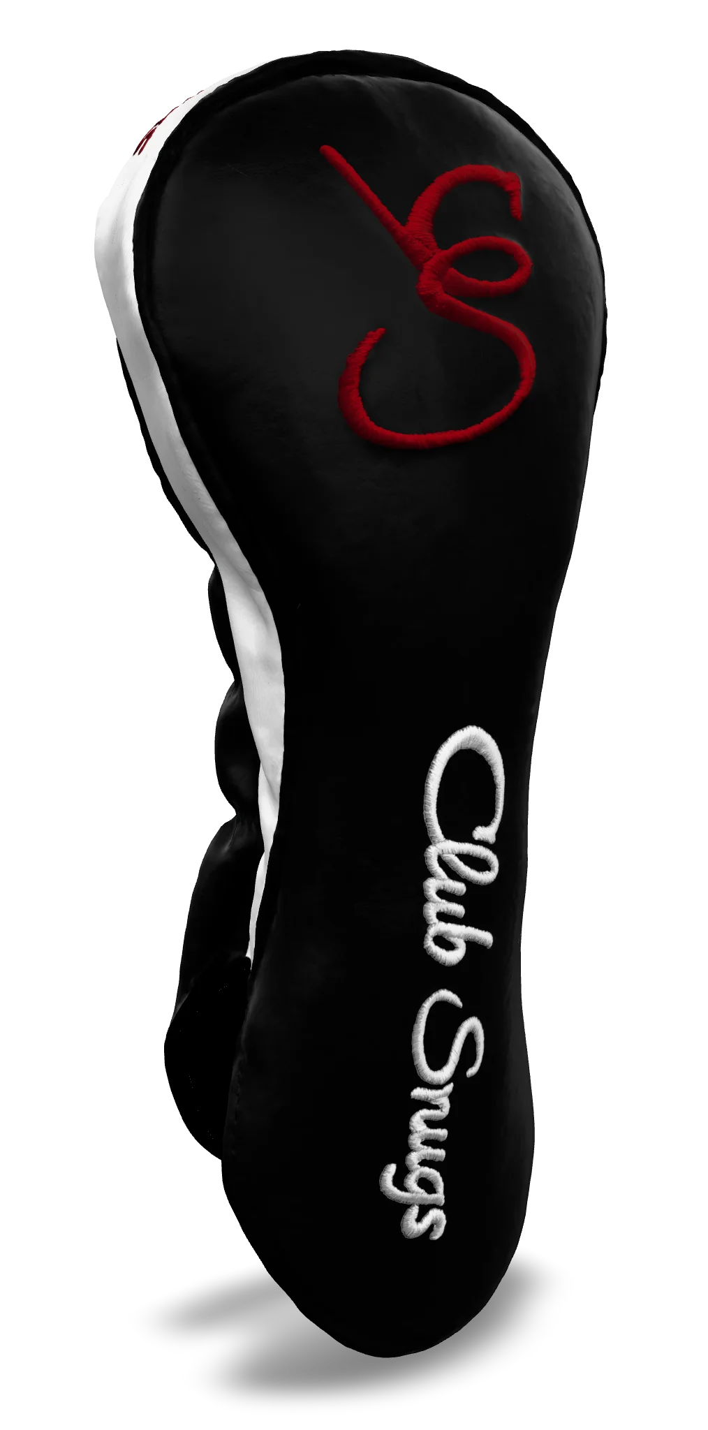 Left-Side view of a Exclusive Black, Black, White, and Red Shield Driver Headcover with prominent branding