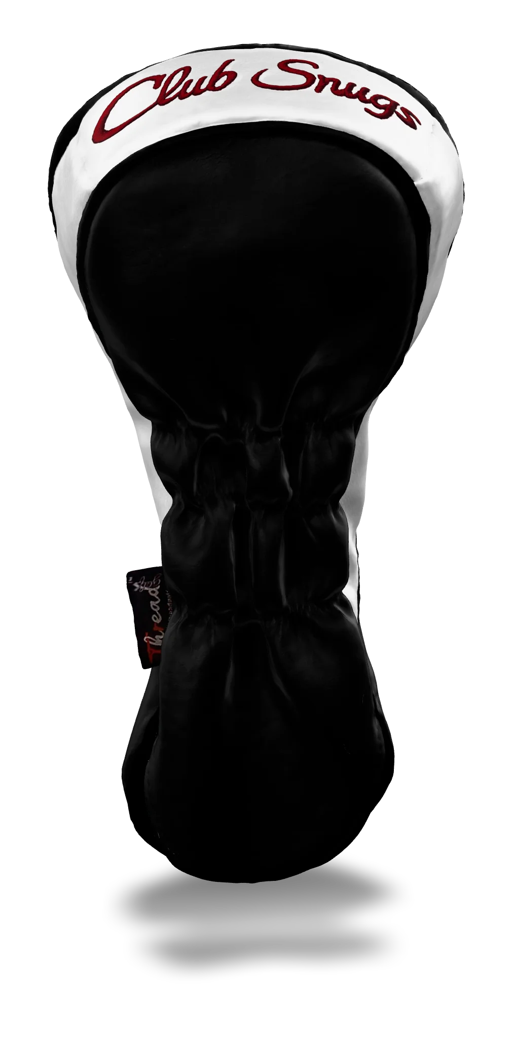 Back view of a Exclusive Black, Black, White, and Red Shield Driver Headcover with prominent branding