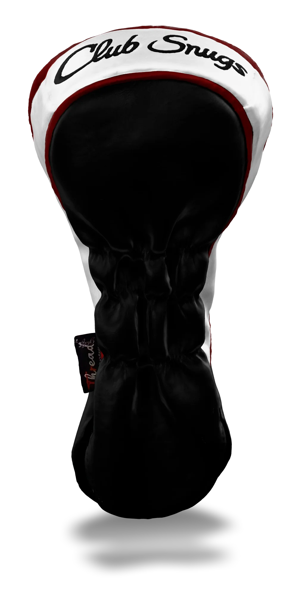 Back view of a Exclusive Black, Red, White, and White Shield Driver Headcover with prominent branding