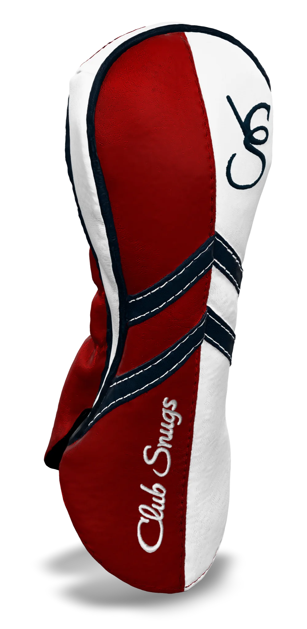 Left-Side view of a Red, White, Navy, and Navy Retro-T Fairway Headcover with Dual-V stripe and split seam