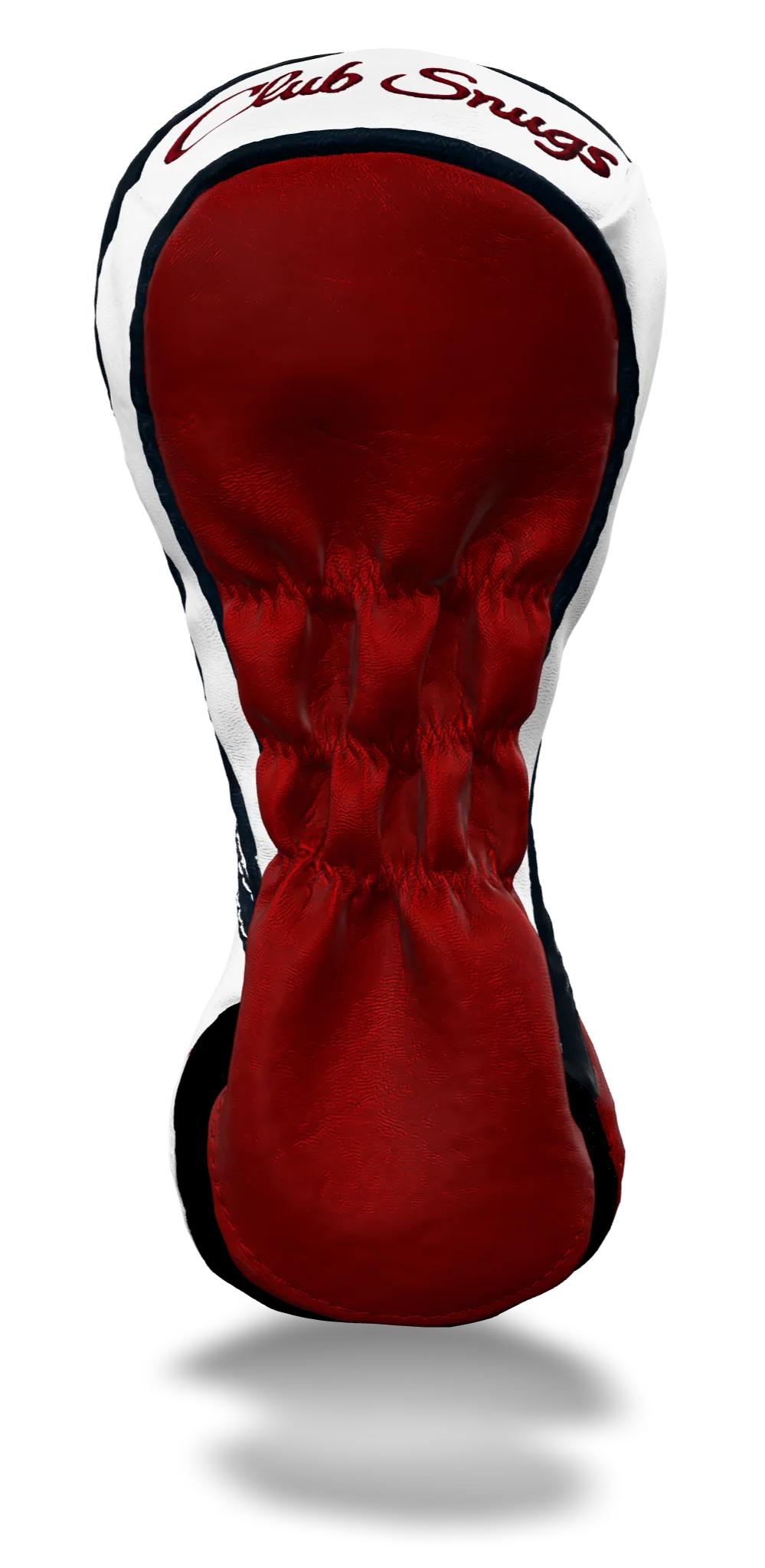 Back view of a Red, White, Navy, and Navy Retro-T Fairway Headcover with Dual-V stripe and split seam