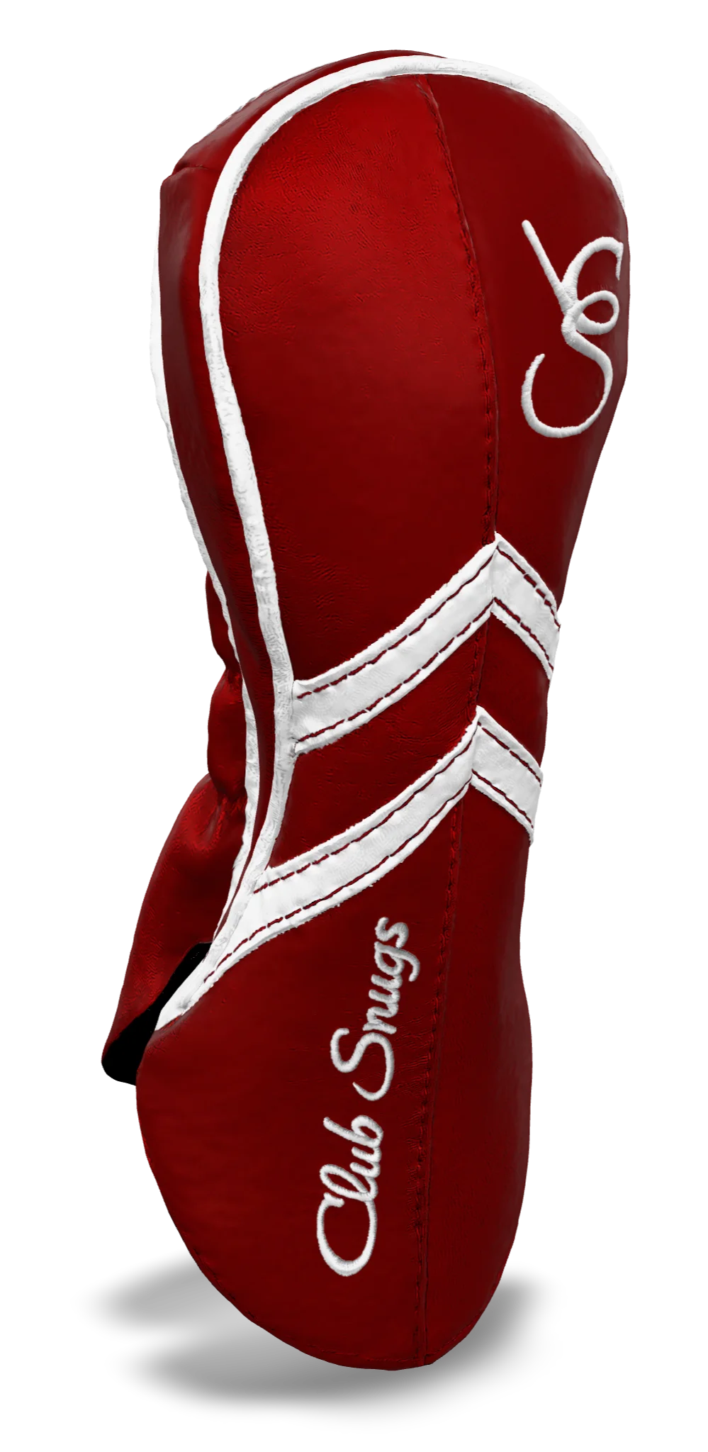 Left-Side view of a Red, Red, White, and White Retro-T Fairway Headcover with Dual-V stripe and split seam