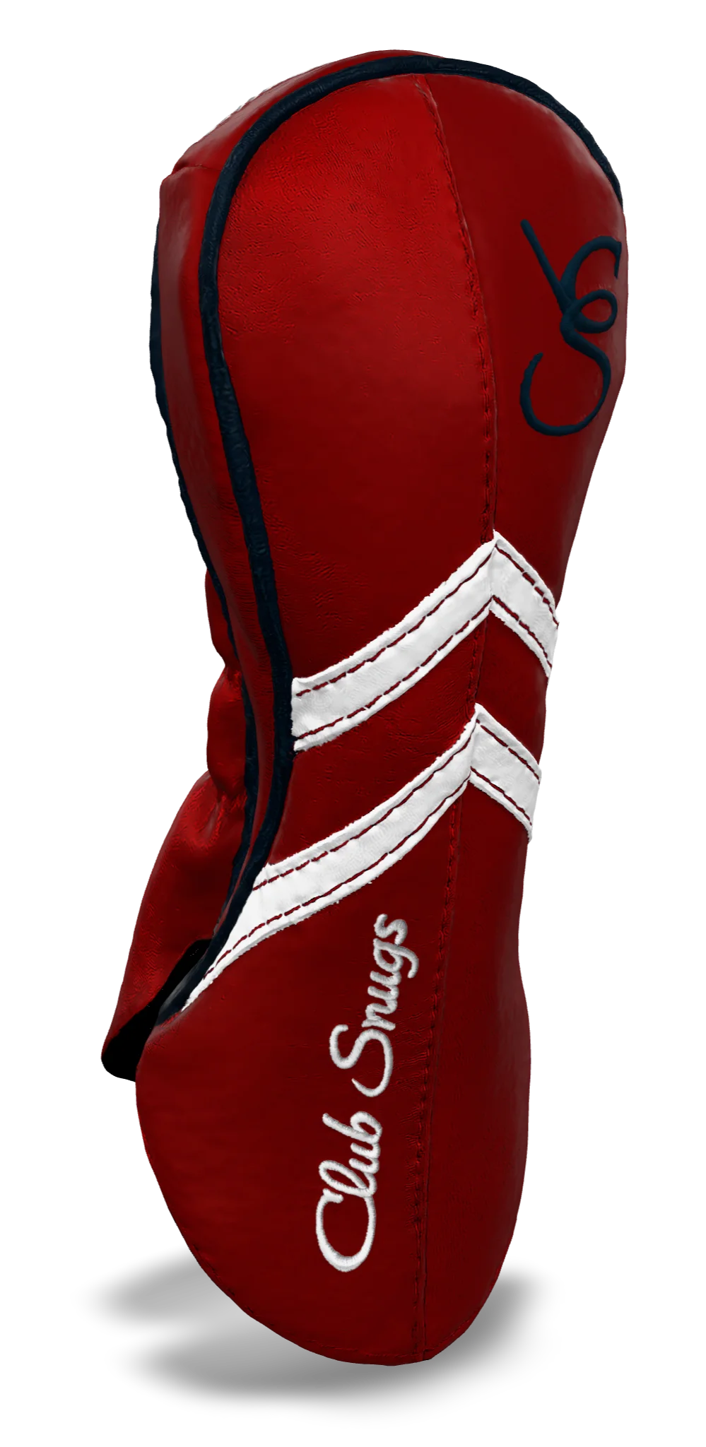 Left-Side view of a Red, Red, White, and Navy Retro-T Fairway Headcover with Dual-V stripe and split seam