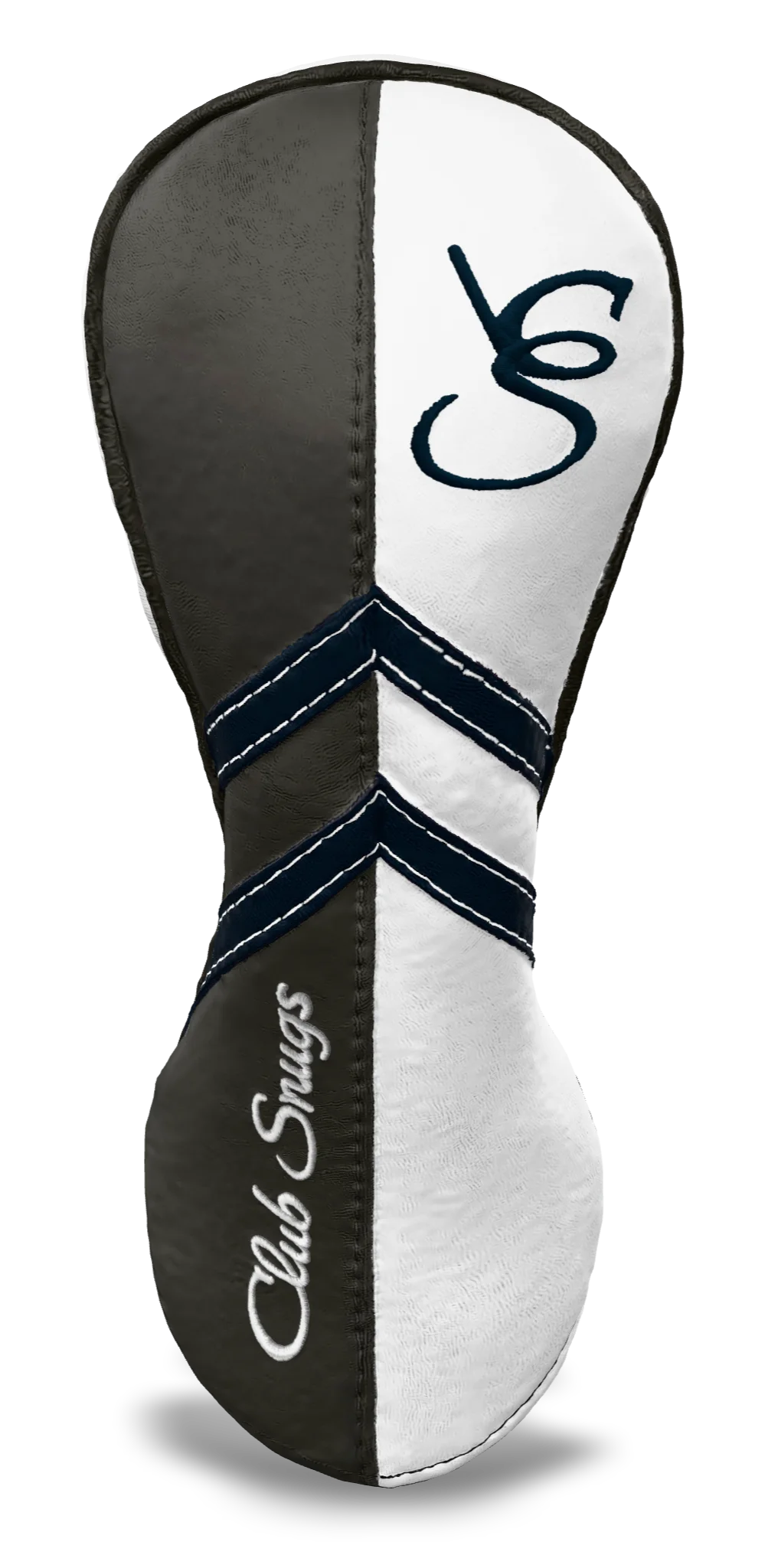 Front View view of a Gray, White, Navy, and Gray Retro-T Fairway Headcover with Dual-V stripe and split seam