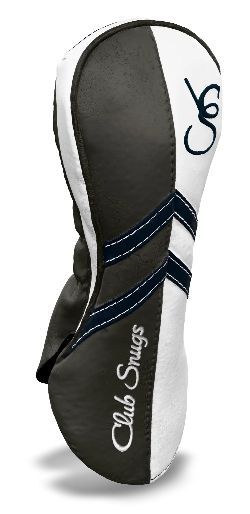 Left-Side view of a Gray, White, Navy, and Gray Retro-T Fairway Headcover with Dual-V stripe and split seam