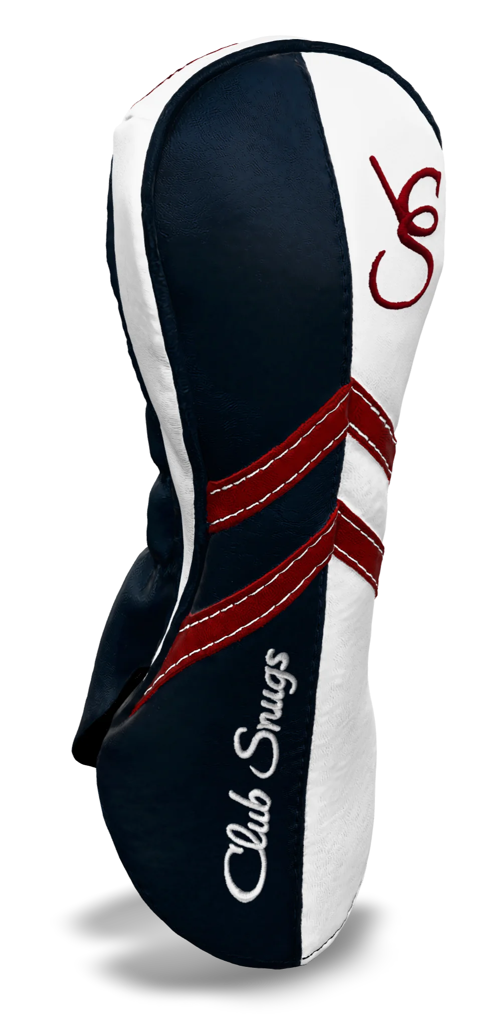 Left-Side view of a Navy, White, Red, and Navy Retro-T Fairway Headcover with Dual-V stripe and split seam