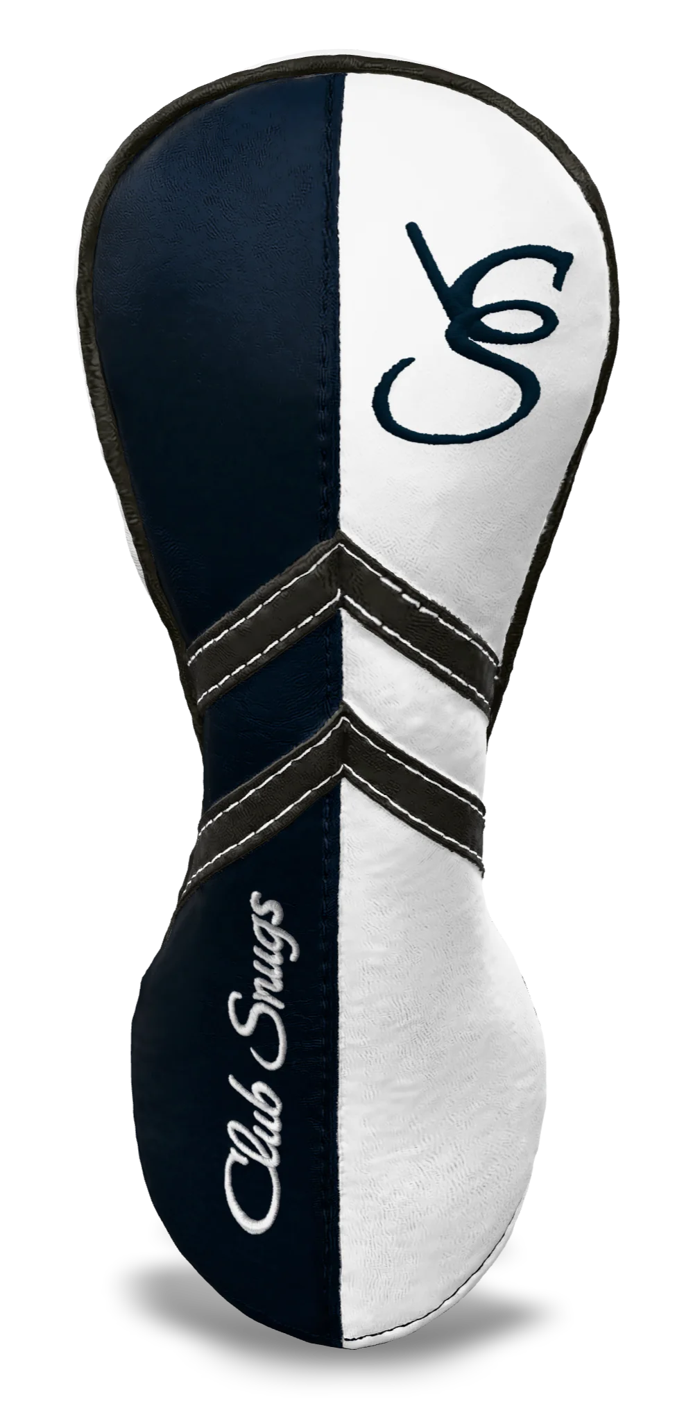 Front View view of a Navy, White, Gray, and Gray Retro-T Fairway Headcover with Dual-V stripe and split seam
