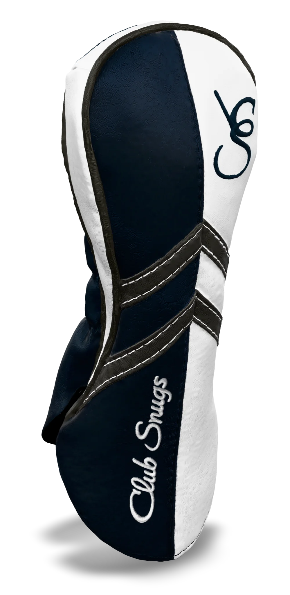 Left-Side view of a Navy, White, Gray, and Gray Retro-T Fairway Headcover with Dual-V stripe and split seam