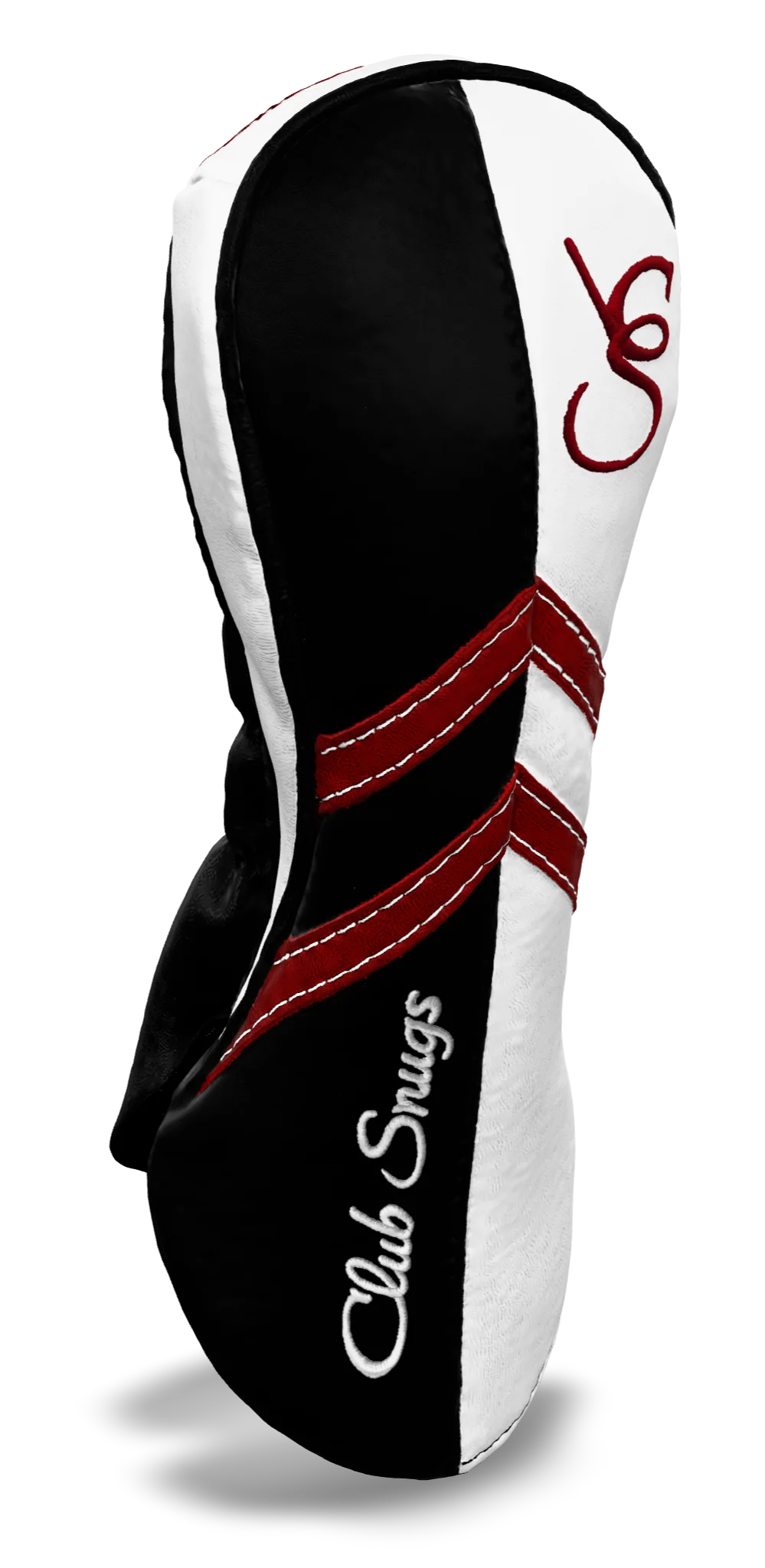 Left-Side view of a Black, White, Red, and Black Retro-T Fairway Headcover with Dual-V stripe and split seam