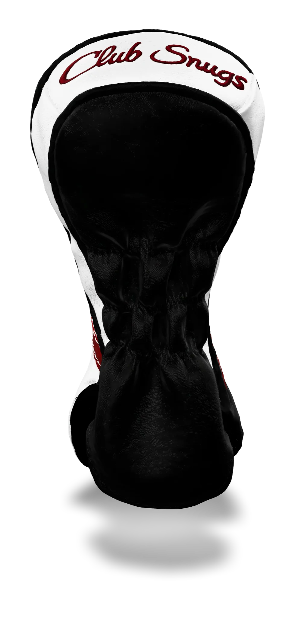 Back view of a Black, White, Red, and Black Retro-T Fairway Headcover with Dual-V stripe and split seam