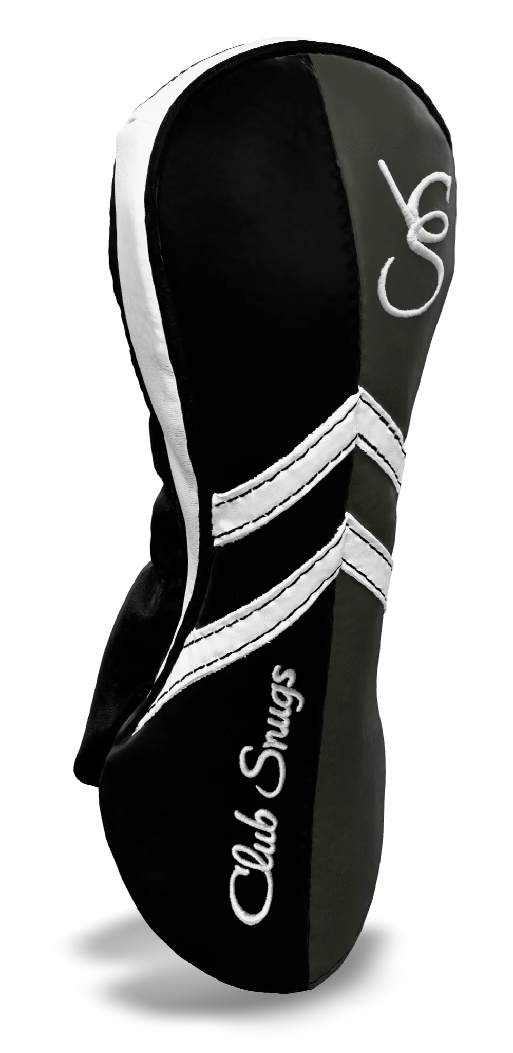 Left-Side view of a Black, Gray, White, and Black Retro-T Fairway Headcover with Dual-V stripe and split seam