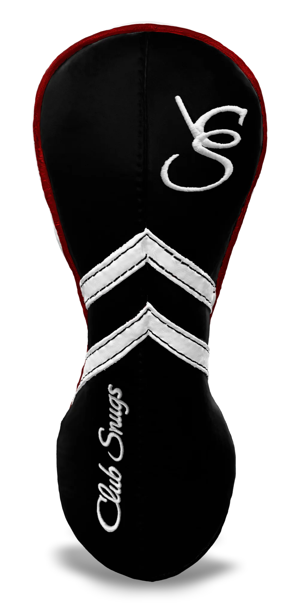 Front View view of a Black, Black, White, and Red Retro-T Fairway Headcover with Dual-V stripe and split seam
