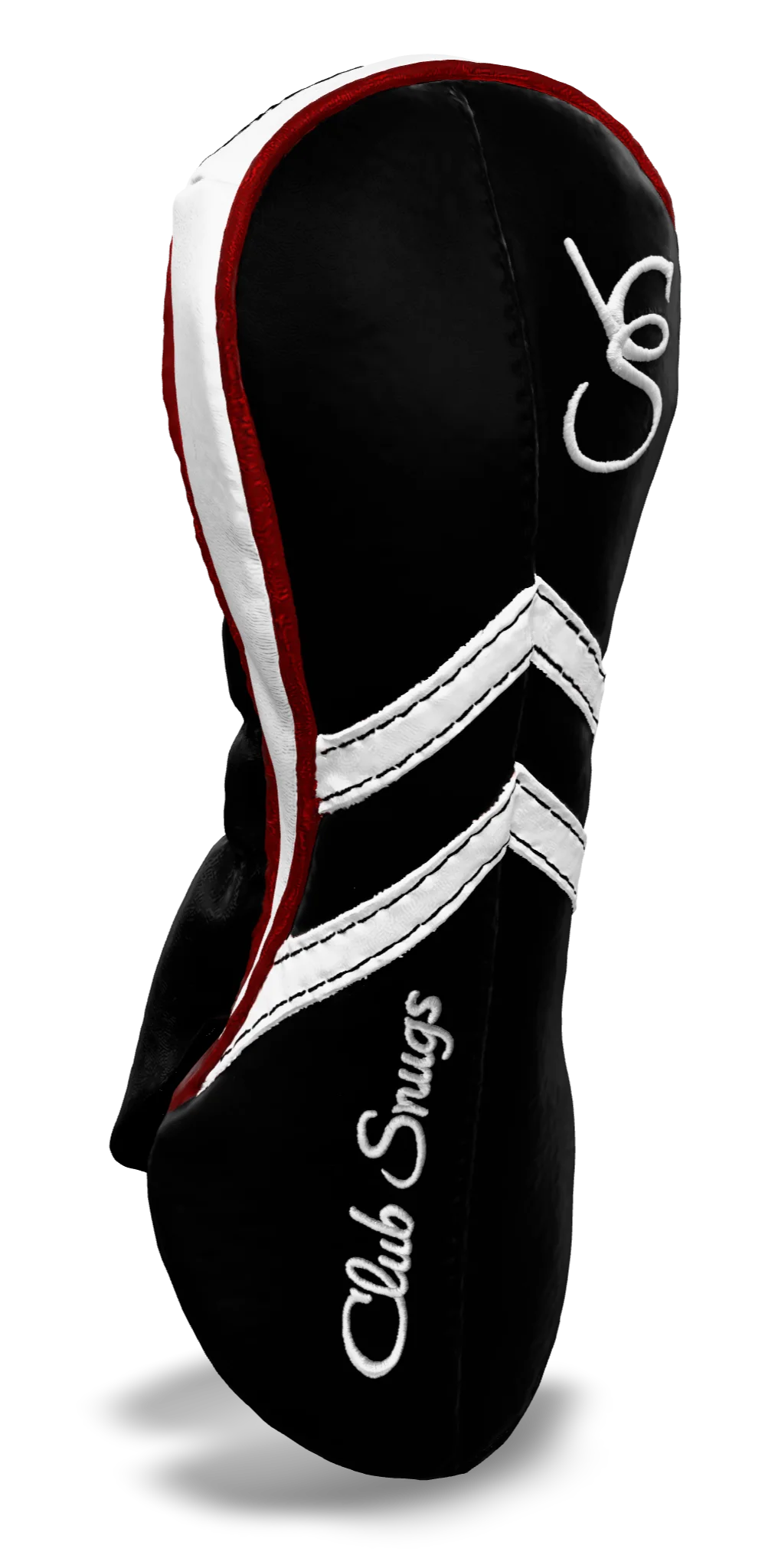 Left-Side view of a Black, Black, White, and Red Retro-T Fairway Headcover with Dual-V stripe and split seam