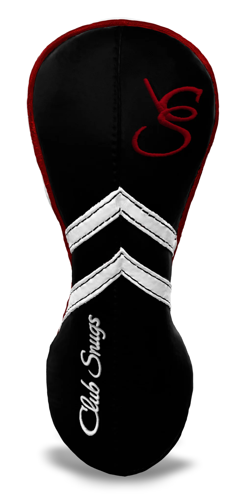Front View view of a Black, Black, White, and Red Retro-T Fairway Headcover with Dual-V stripe and split seam