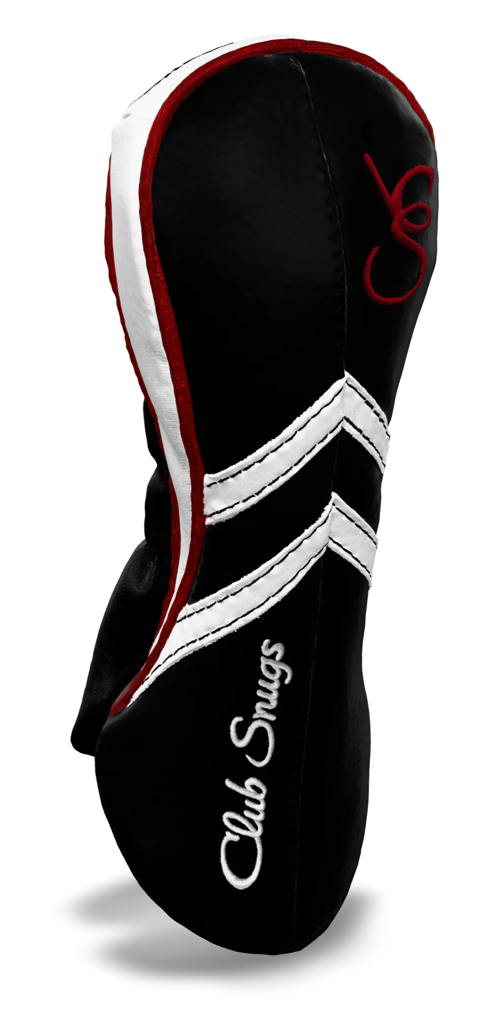 Left-Side view of a Black, Black, White, and Red Retro-T Fairway Headcover with Dual-V stripe and split seam