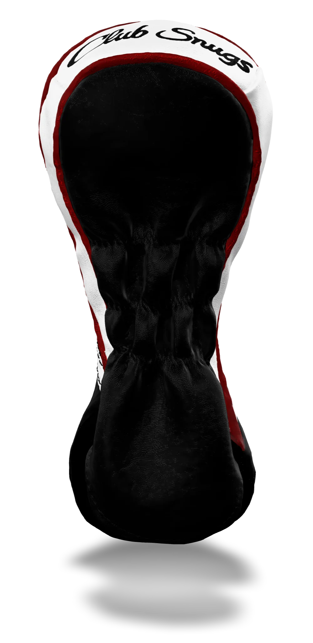 Back view of a Black, Black, White, and Red Retro-T Fairway Headcover with Dual-V stripe and split seam