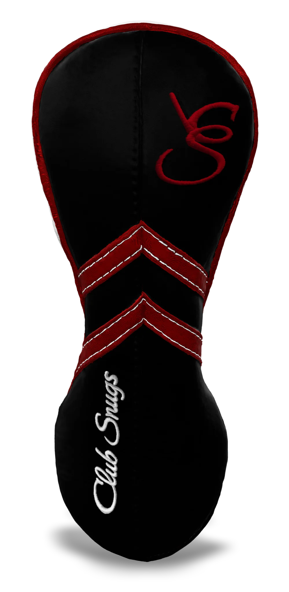 Front View view of a Black, Black, Red, and Red Retro-T Fairway Headcover with Dual-V stripe and split seam