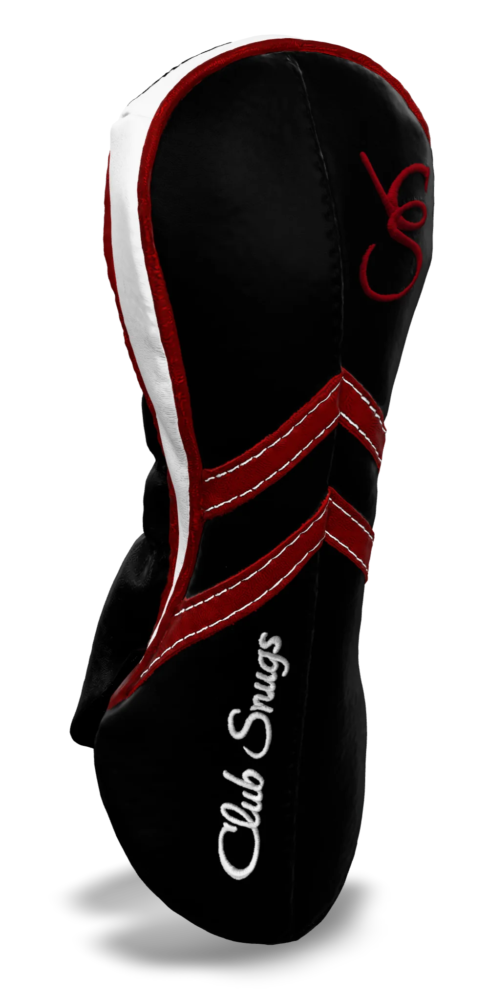 Left-Side view of a Black, Black, Red, and Red Retro-T Fairway Headcover with Dual-V stripe and split seam