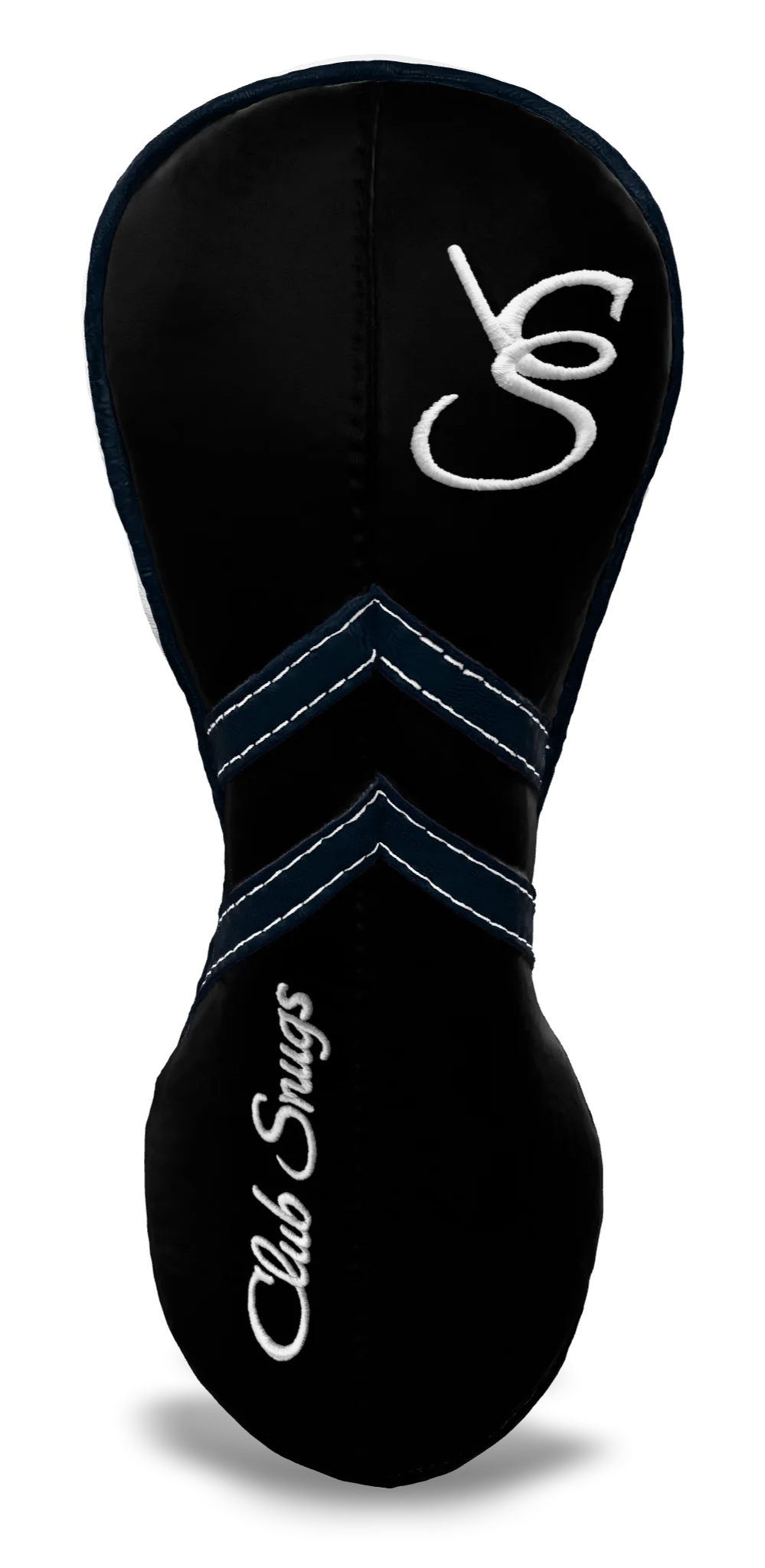 Front View view of a Black, Black, Navy, and Navy Retro-T Fairway Headcover with Dual-V stripe and split seam