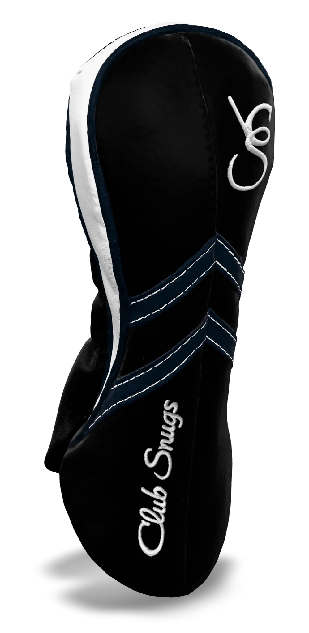 Left-Side view of a Black, Black, Navy, and Navy Retro-T Fairway Headcover with Dual-V stripe and split seam