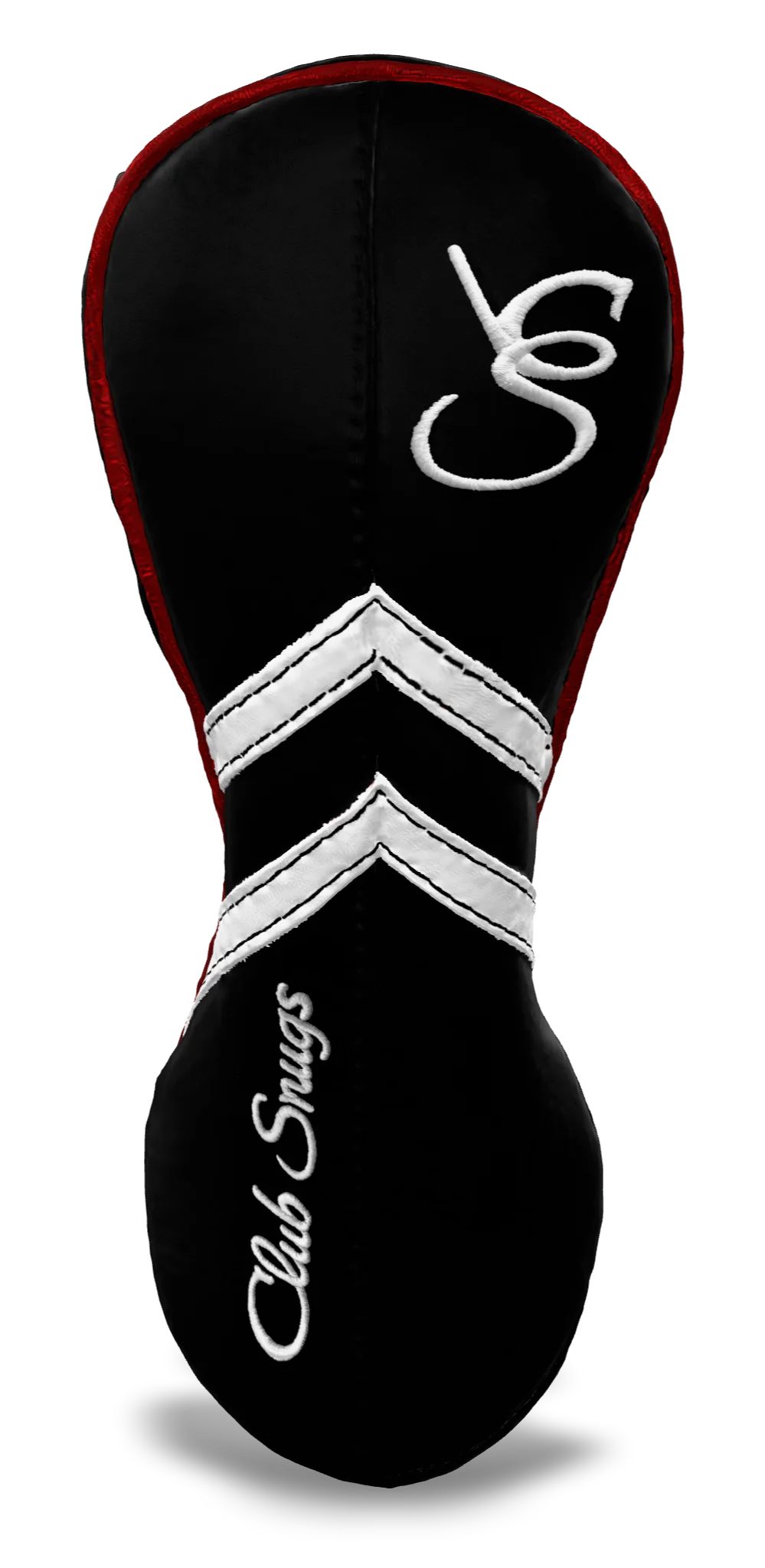 Front View view of a Black, Black, White, and Red Retro-T Fairway Headcover with Dual-V stripe and split seam