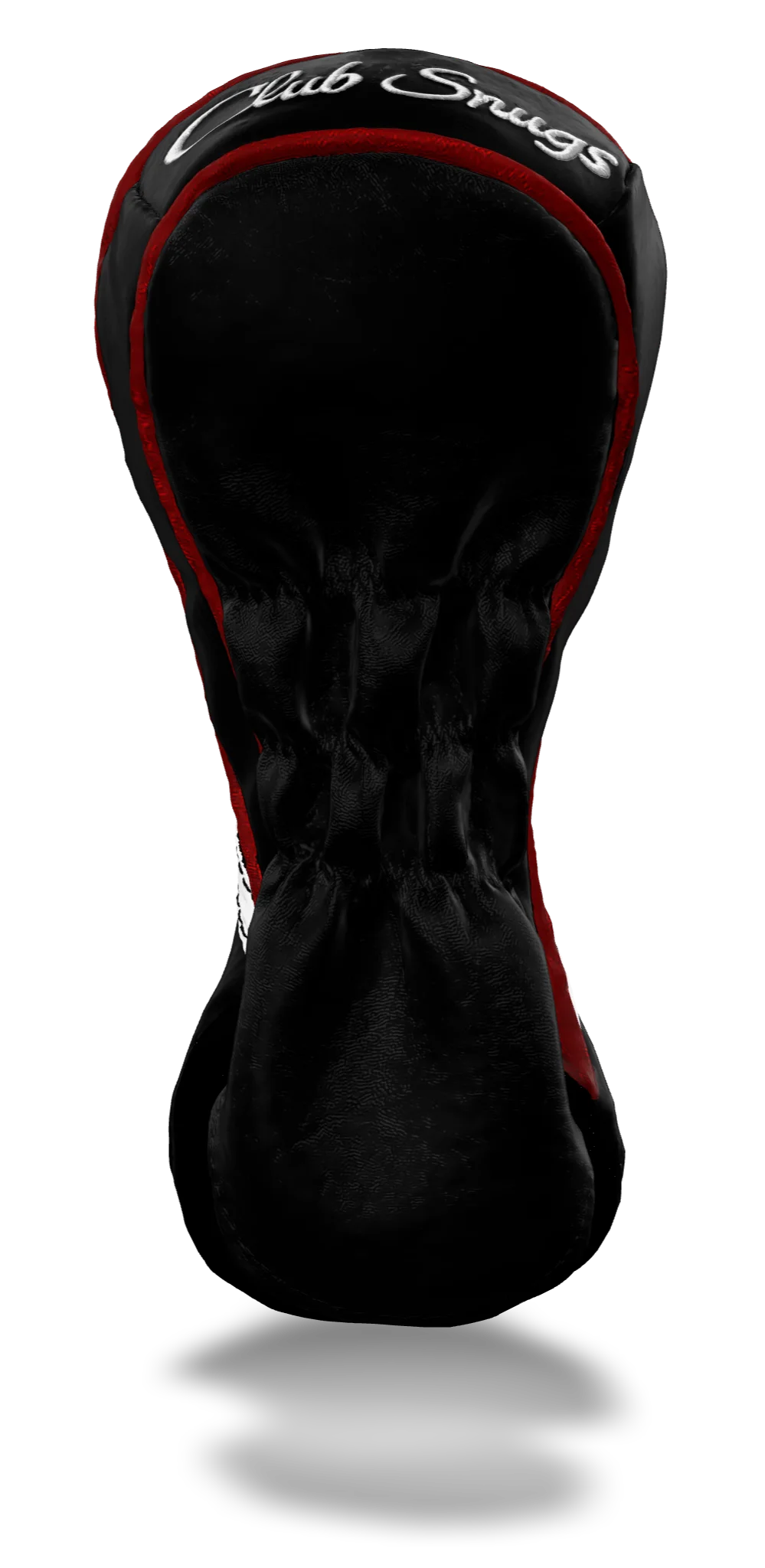 Back view of a Black, Black, White, and Red Retro-T Fairway Headcover with Dual-V stripe and split seam