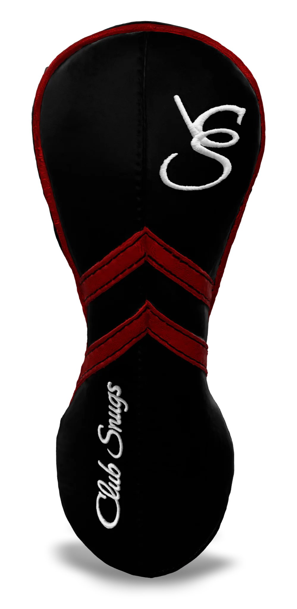 Front View view of a Black, Black, Red, and Red Retro-T Fairway Headcover with Dual-V stripe and split seam